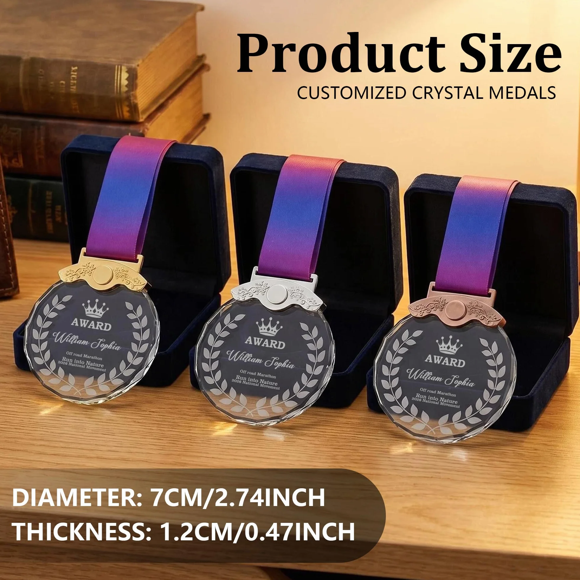 Médaille Personnalisée avec Texte Motif et Logo Or Argent Bronze Cristal Gravé pour Concours Scolaires Compétitions Cadeau Entreprise