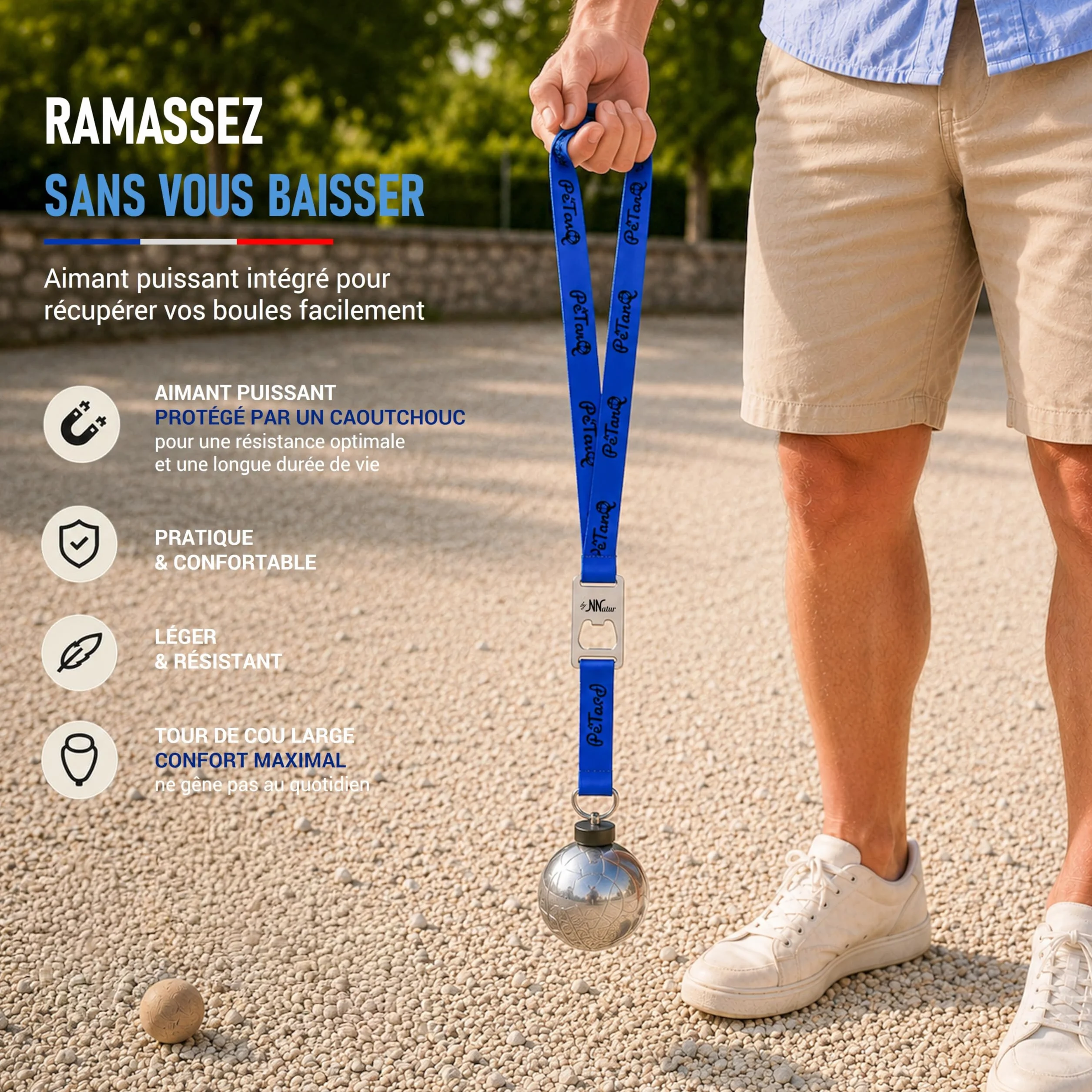 Kit Ramasse Boules de Pétanque Aimanté avec Décapsuleur & Mètre Intégré, Cochonnet Buis, Chiffon, Sac de Transport