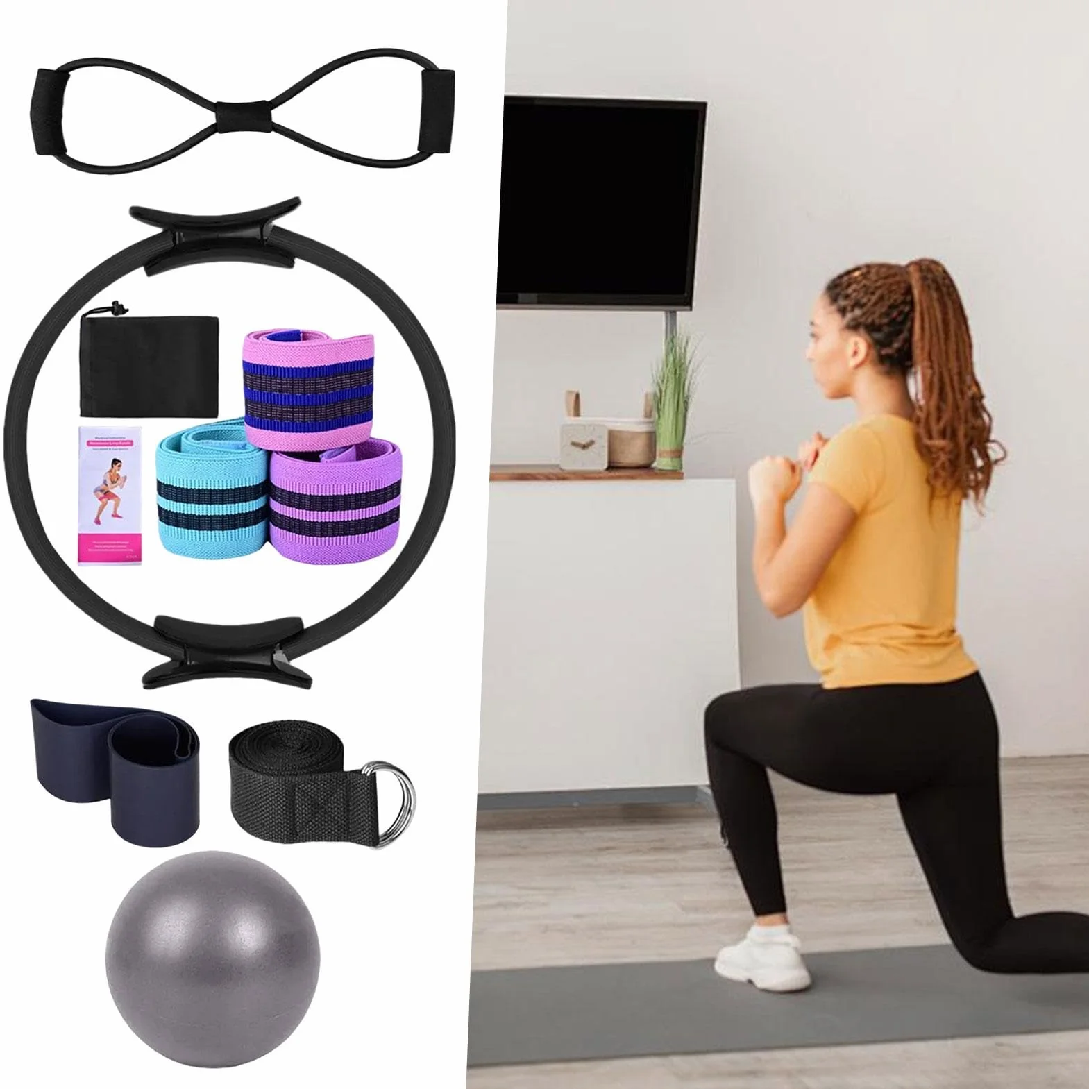 Pilates Anneau Kit avec Ceinture Extensible Accessoires d'Entraînement Multifonctionnel pour Femmes