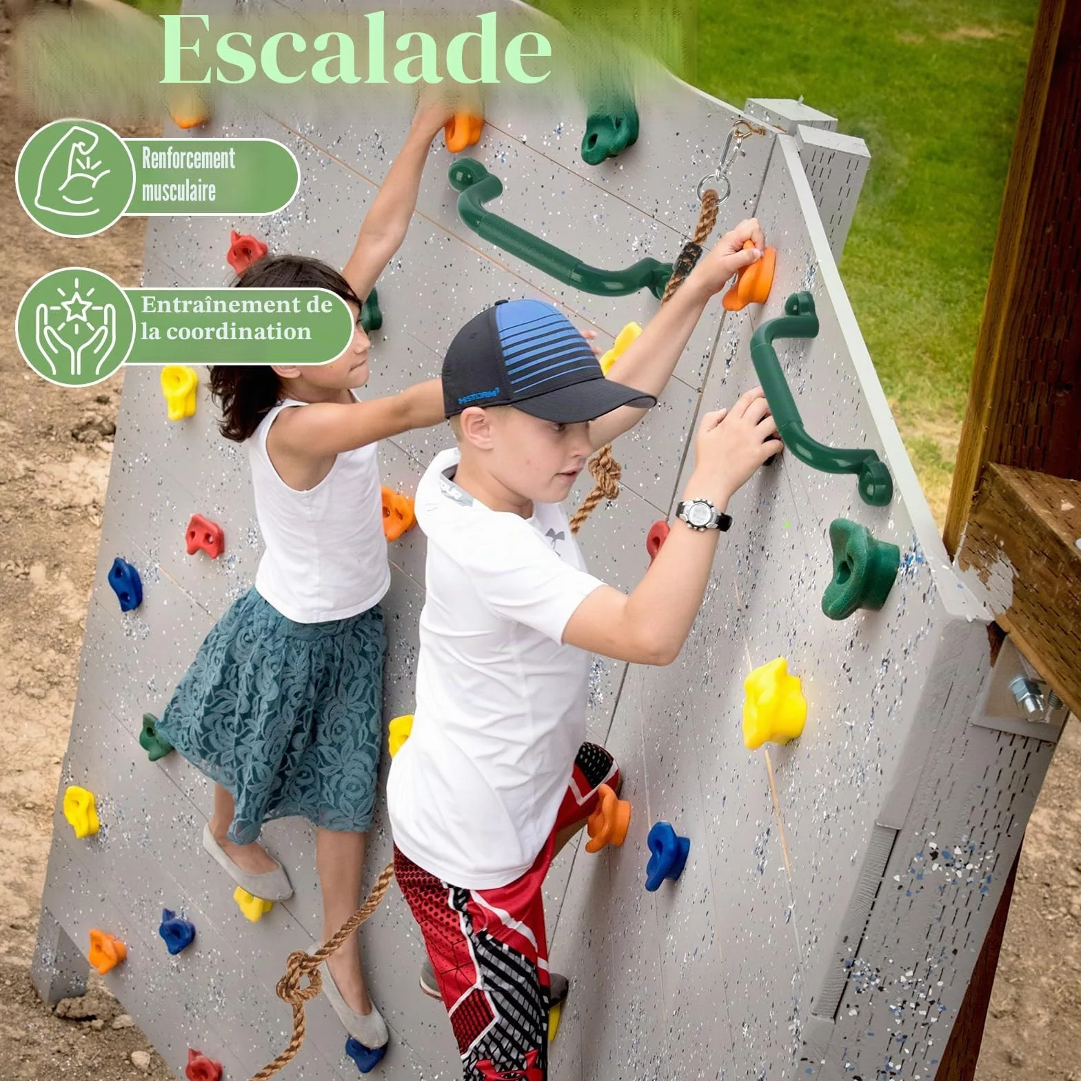 Prise Escalade Enfant Exterieur Mur Escalade avec 270cm Corde Nouee et Poignees Maintien Aire de Jeux