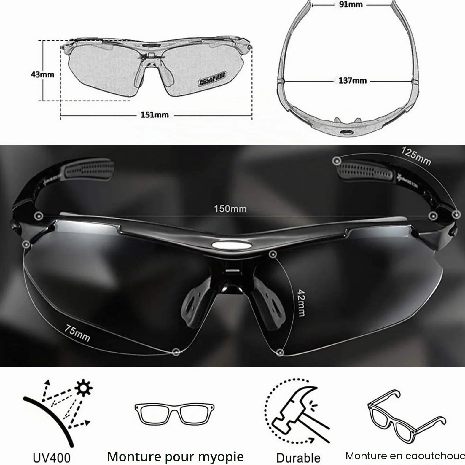 ROCKBROS Lunette de Sport Polarisées Homme Cyclisme VTT Protection UV400 Noir avec 5 Verres Interchangeable