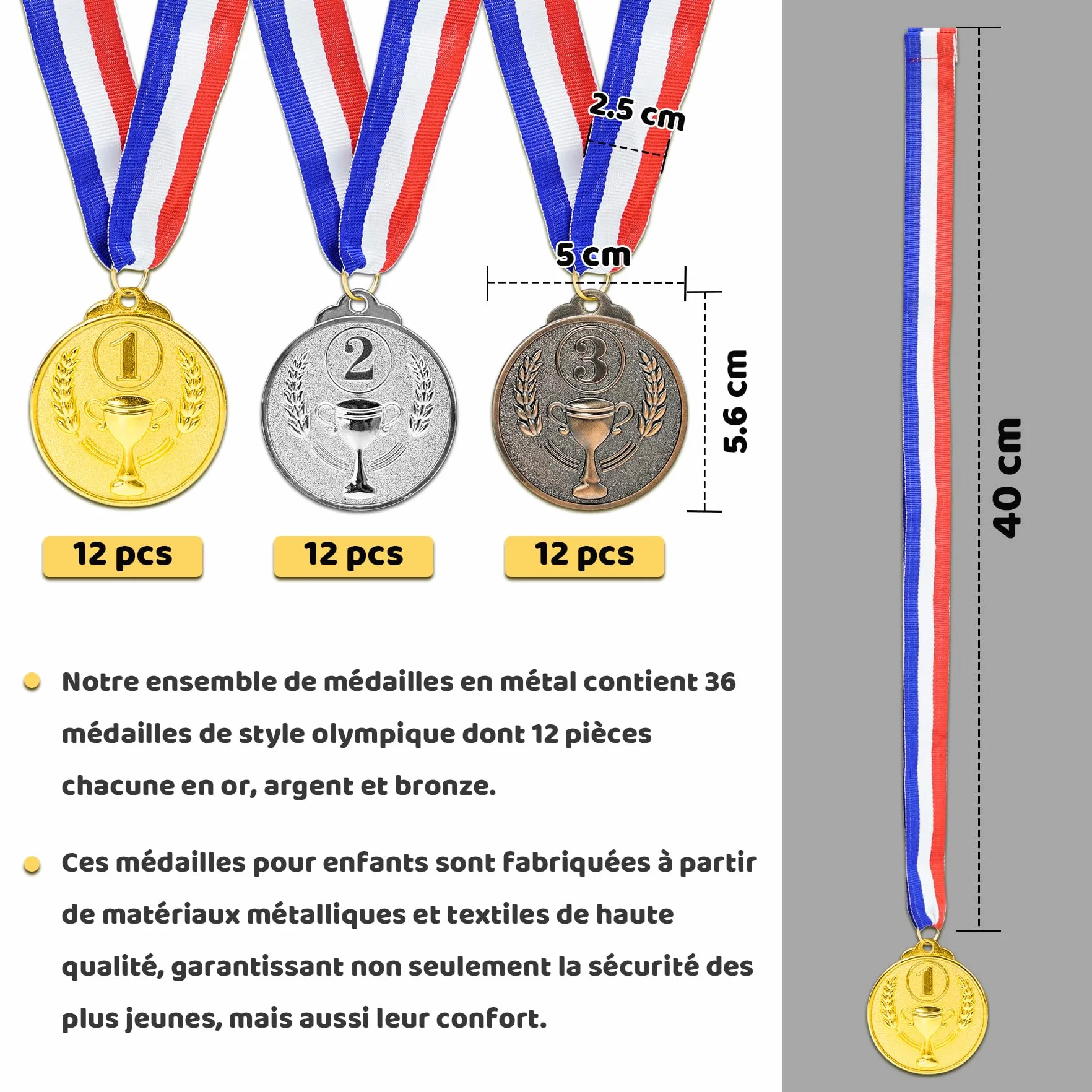 Brelet 36 pcs Medailles d'or Médaille d'argent Médaille de Bronze en Métal avec Rubans de Cou Medaille Foot Anniversaire Ski Travail Sport pour Recompense Sport Day Diamètre env. 5 cm