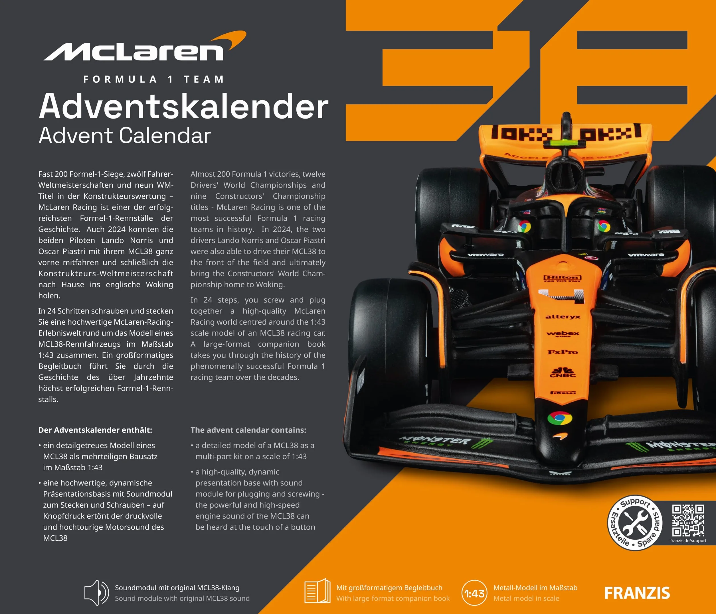 FRANZIS McLaren Racing Calendrier de l'Avent 2025 1:43 avec module sonore et livre 52 pages