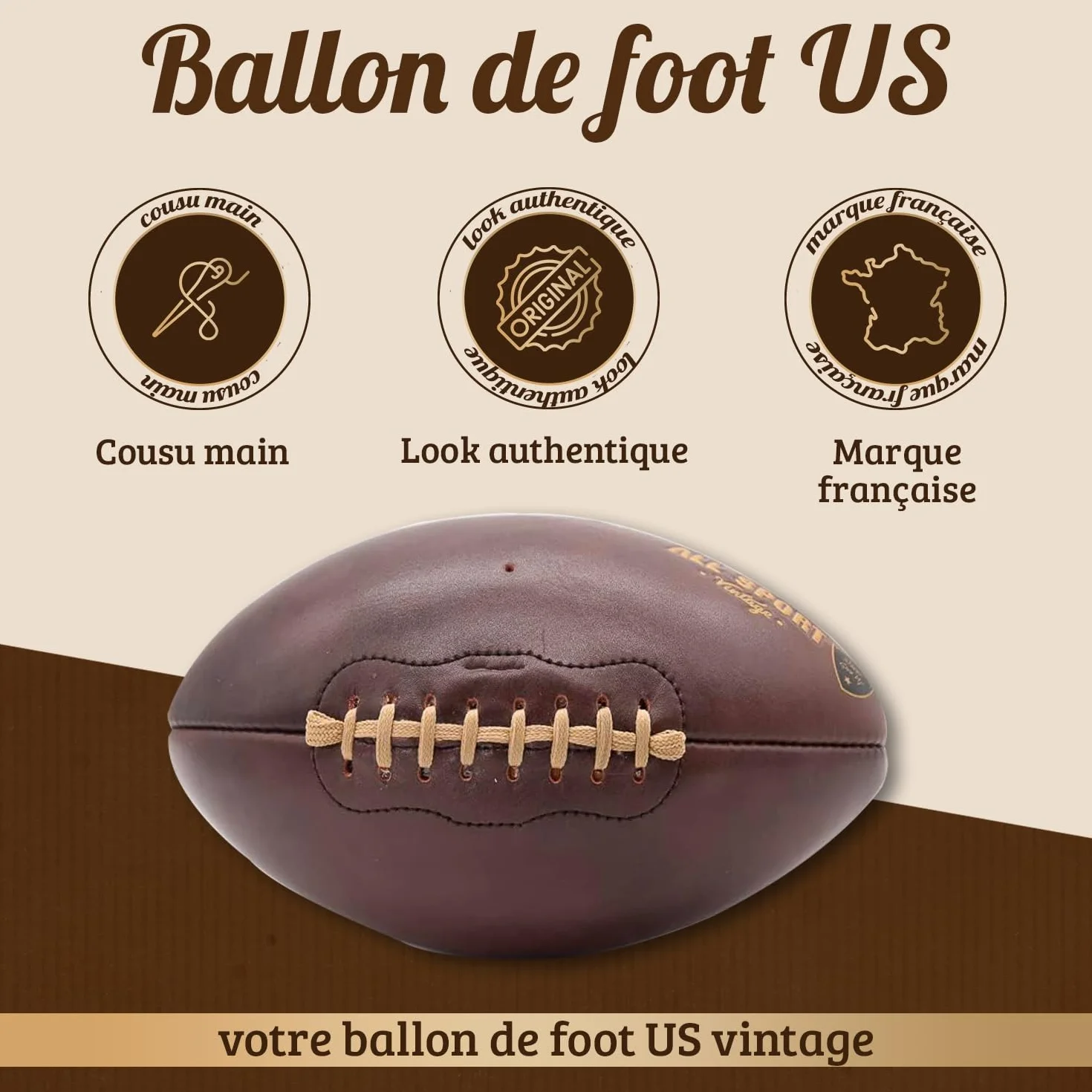 Ballon Football Américain Cuir Vachette Cousu Main Marque Française