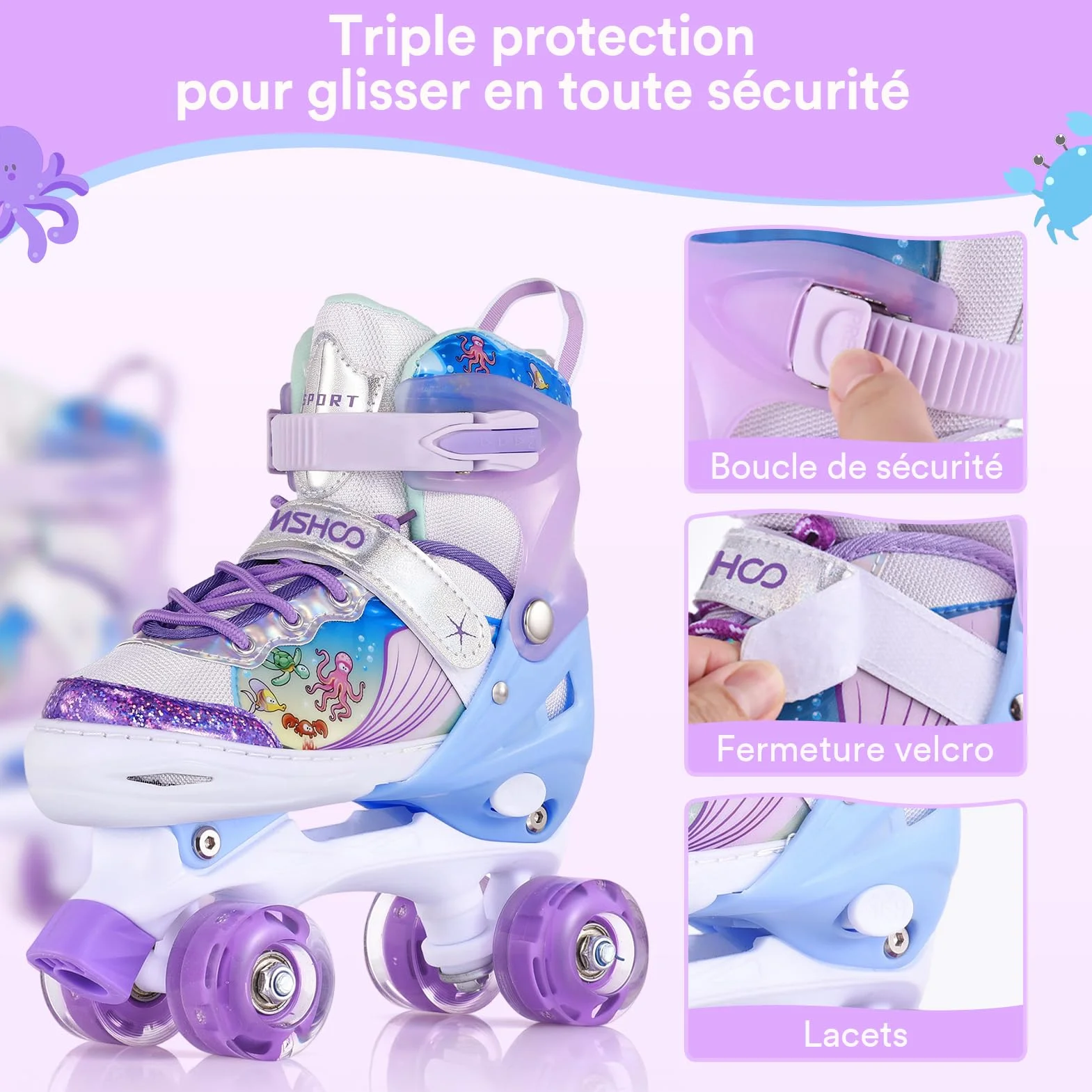 TOMSHOO Roller Enfant Fille avec LED Lumineuse Roues 4 Taille Réglable Rollers Quad Débutants