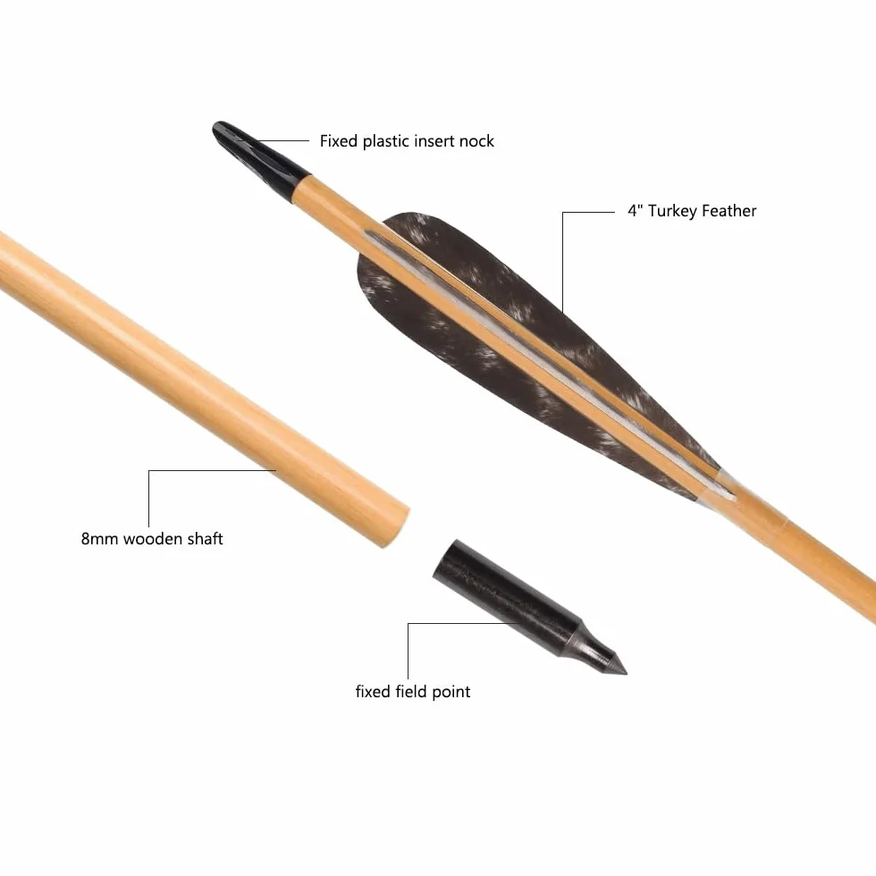 Flèches en bois 81 cm 12 pièces plumes naturelles 10 cm pour tir à larc chasse arc traditionnel recurve long