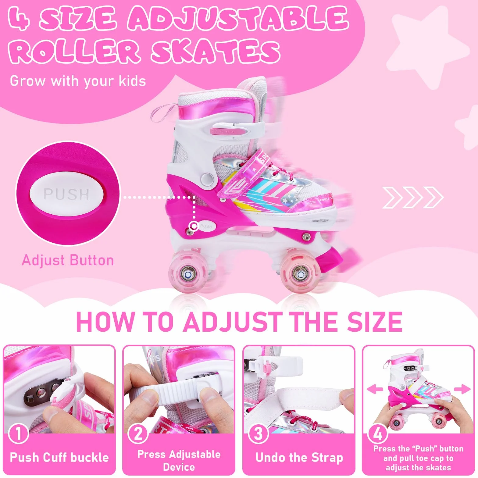 Rollers Enfant Fille Patins à roulettes 4 Taille réglable Light up Wheels Filles Garçons