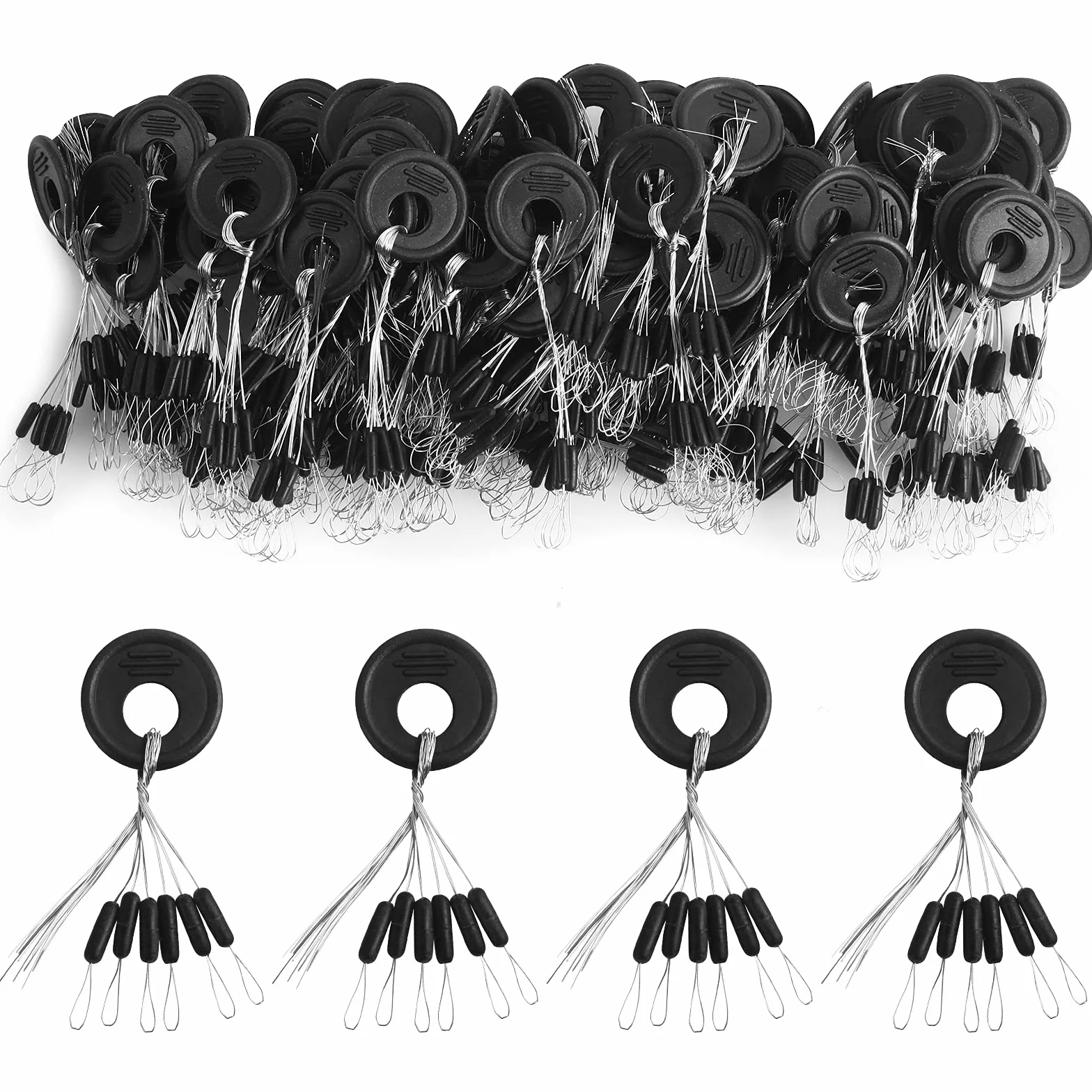 VIPMOON 600 Pièces Stop Float Pêche, 6 en 1 Caoutchouc Arrêt de Bouchons Pêche, Stop Fil Pêche XS S M L - Noir