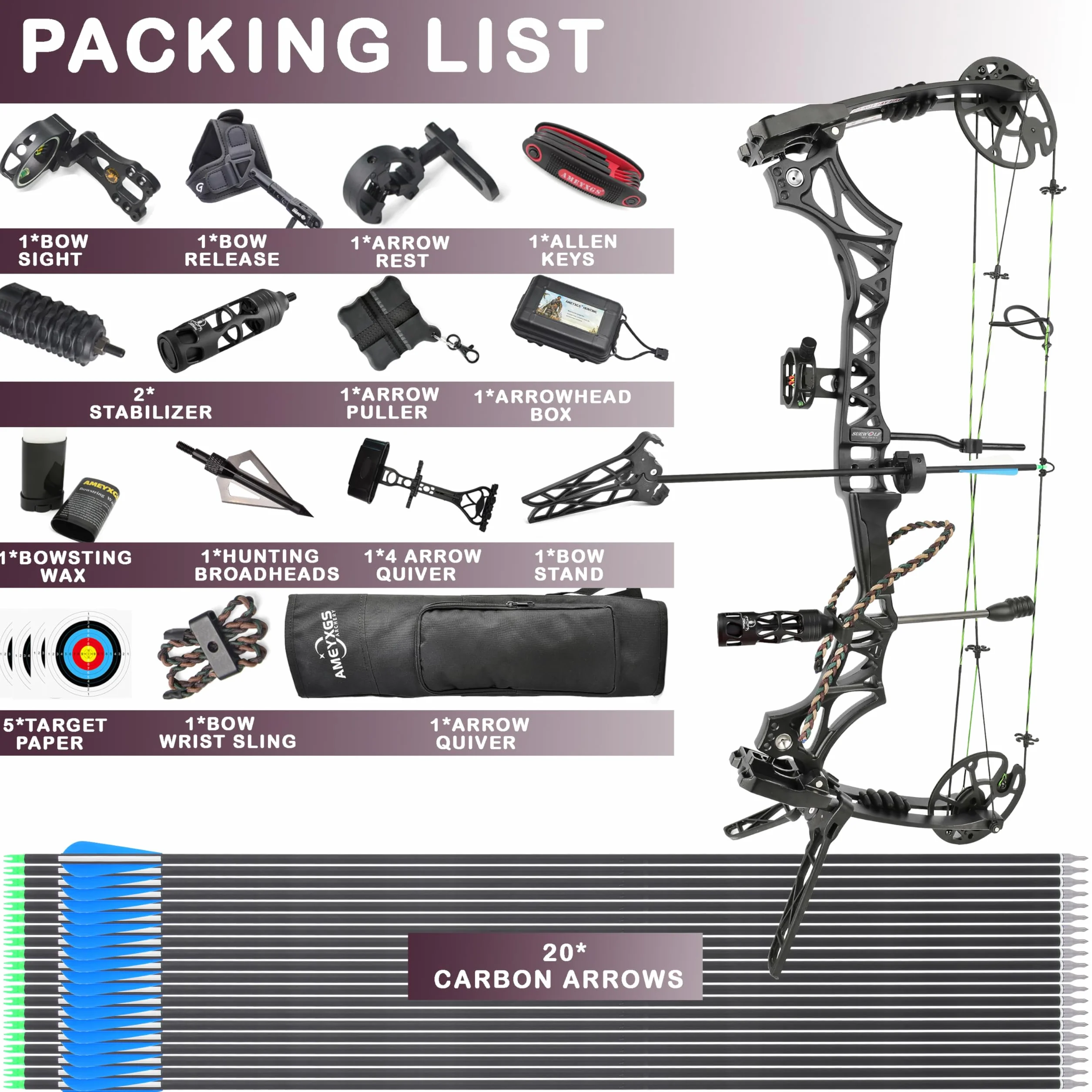 Kit Arc à Poulies Chasse et Cible Limbe USA Poids 30-44lbs IBO 320FPS Accessoires
