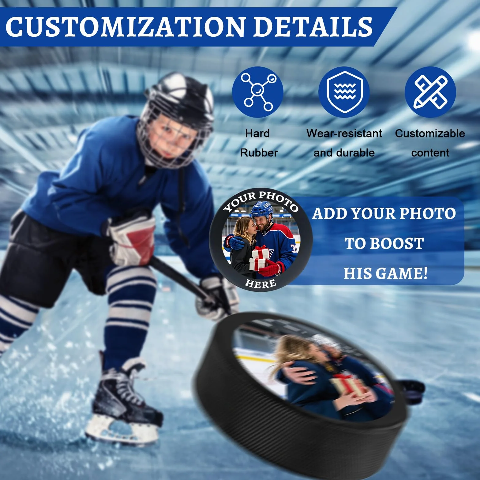 Hockey Puck Personnalisé avec Photo et Logo - Cadeau pour Fans Hommes Garçons Papa Entraîneur