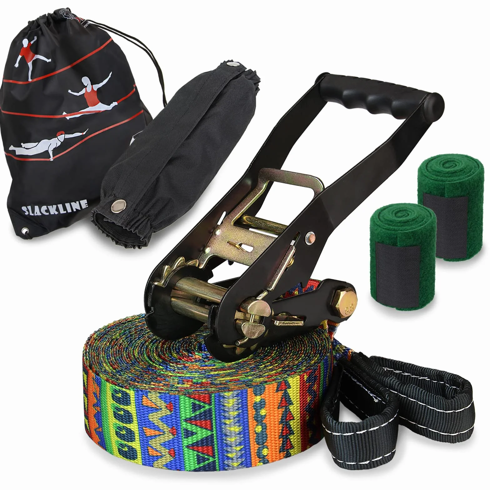 ALPIDEX Slackline Set 15 m avec Protections Arbre et Cliquet pour Enfants Débutants Avancés