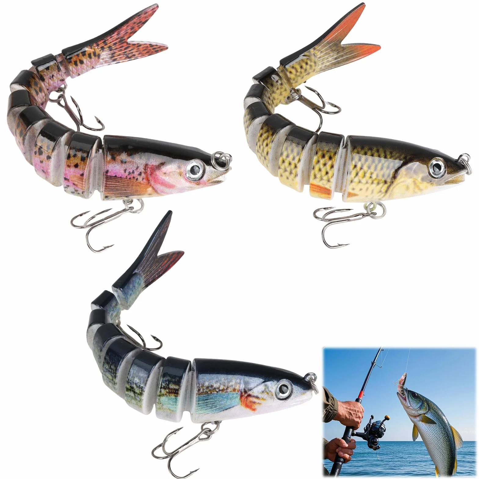 Leurre Peche Carnassier Bioniques Couler Lent Brochet Artificiel Multi-articulés Hameçons Triples 3 Pièces