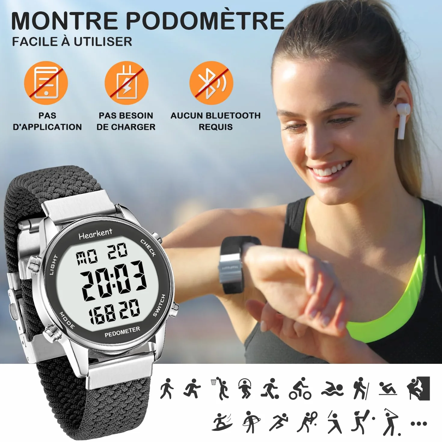 Montre podomètre Femme, Bracelet Nylon, comptage Pas Calories Distance Horloge rétroéclairage