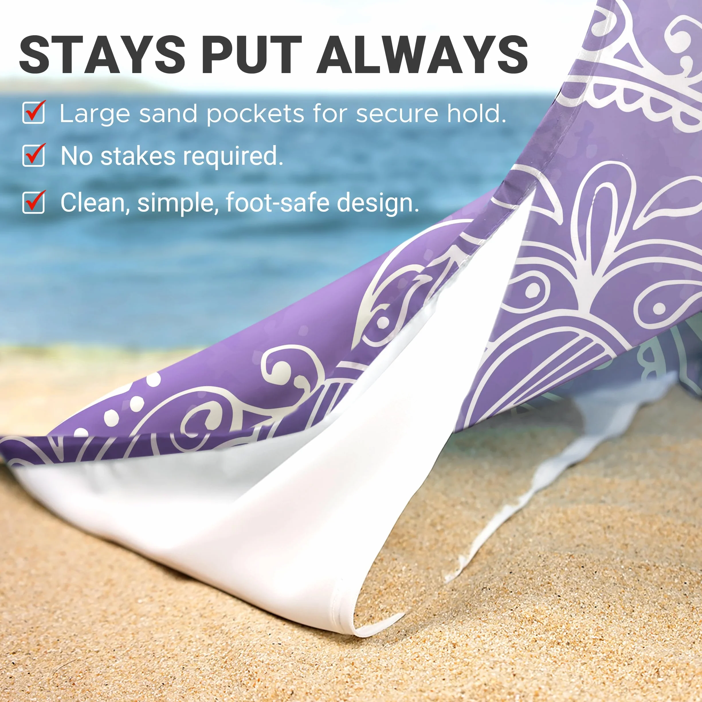 Couverture de Plage Anti-Sable 215,9 x 182,9 cm avec Poches d'angle et Sac en Maille, Motif