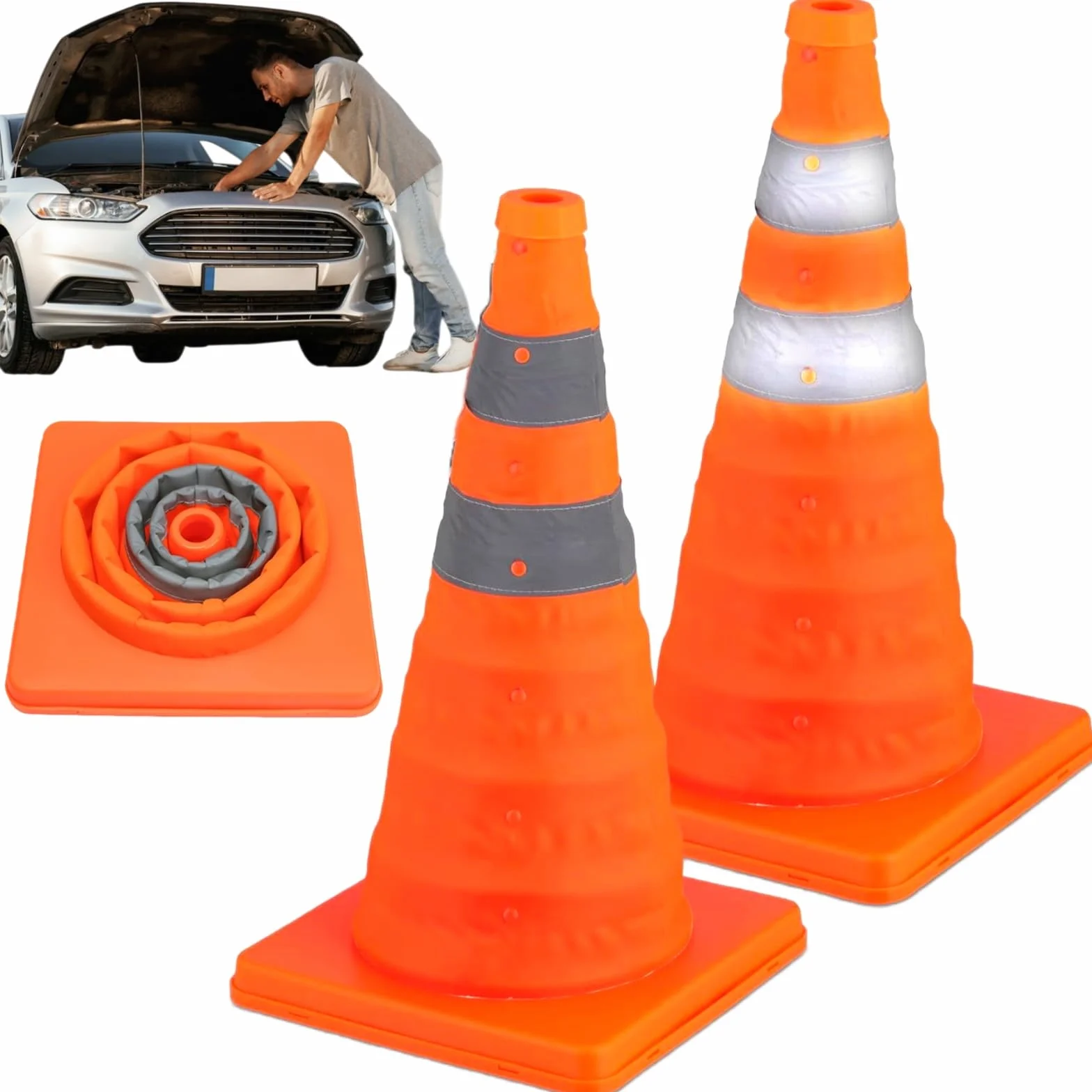 Cônes de Signalisation Pliables 45cm avec Bandes Réfléchissantes 2pcs