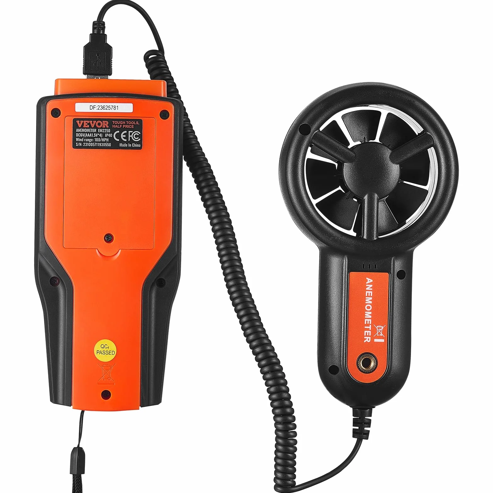 VEVOR Anémomètre Portable -10℃ à 60℃ Numérique Vitesse du Vent CFM Mesure Température Flux d'Air Refroidissement Éolien Écran Rétroéclairé LED