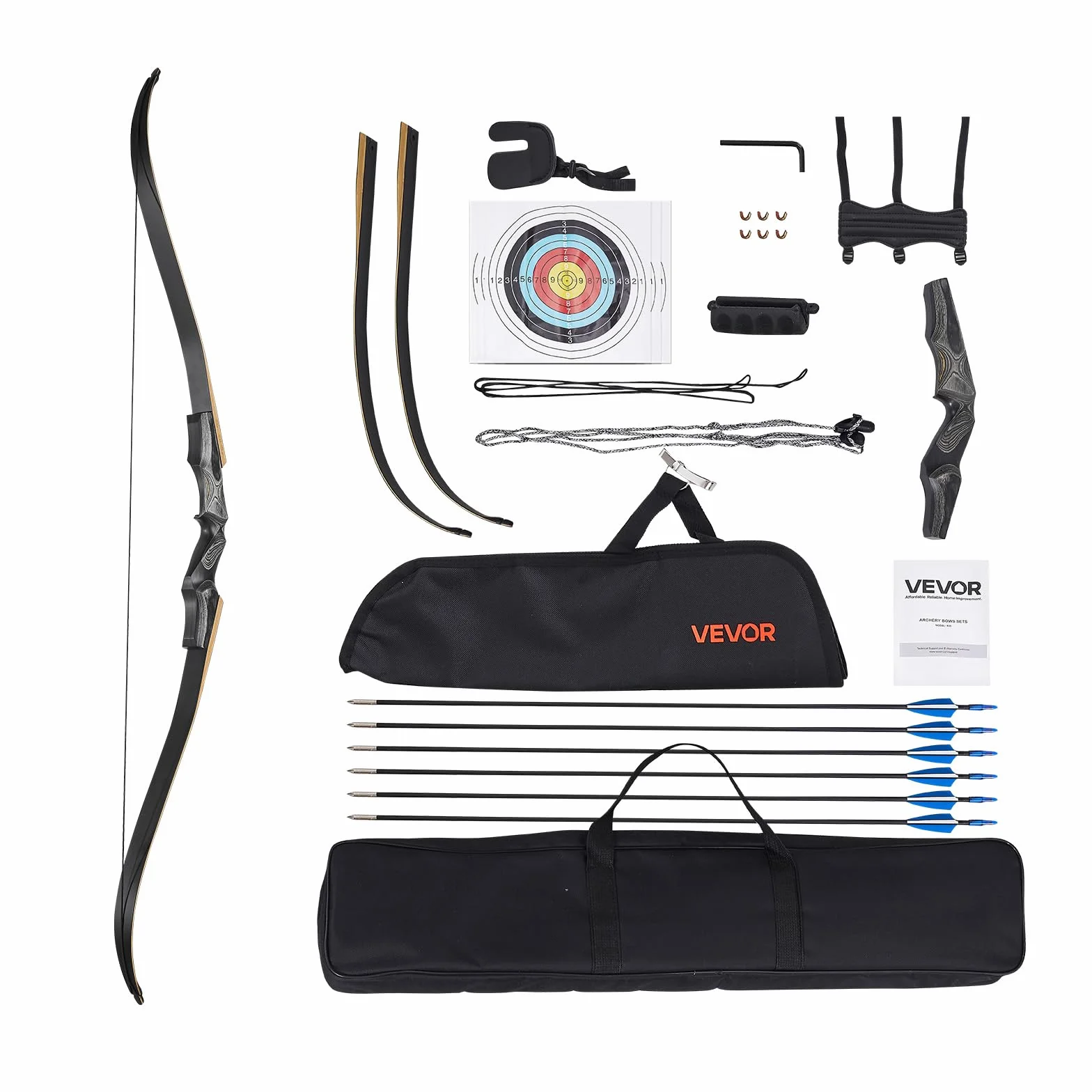 VEVOR Kit Arc Recourbé et Flèches Démontables en Bois 1524 mm, Ensemble Tir à l'Arc pour Droitier, 22,68 kg