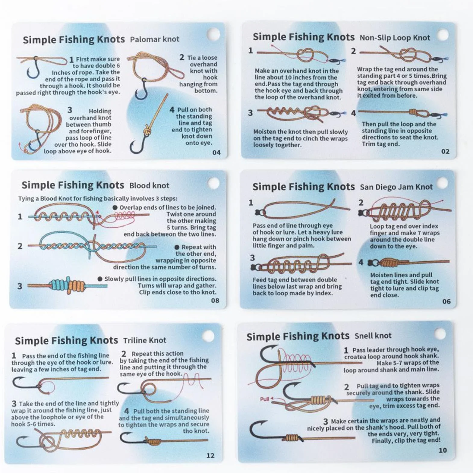 Kit de 6 cartes guide nœud de pêche étanches, système d'apprentissage illustré pour débutants, accessoire de pêche pour bassin et lac