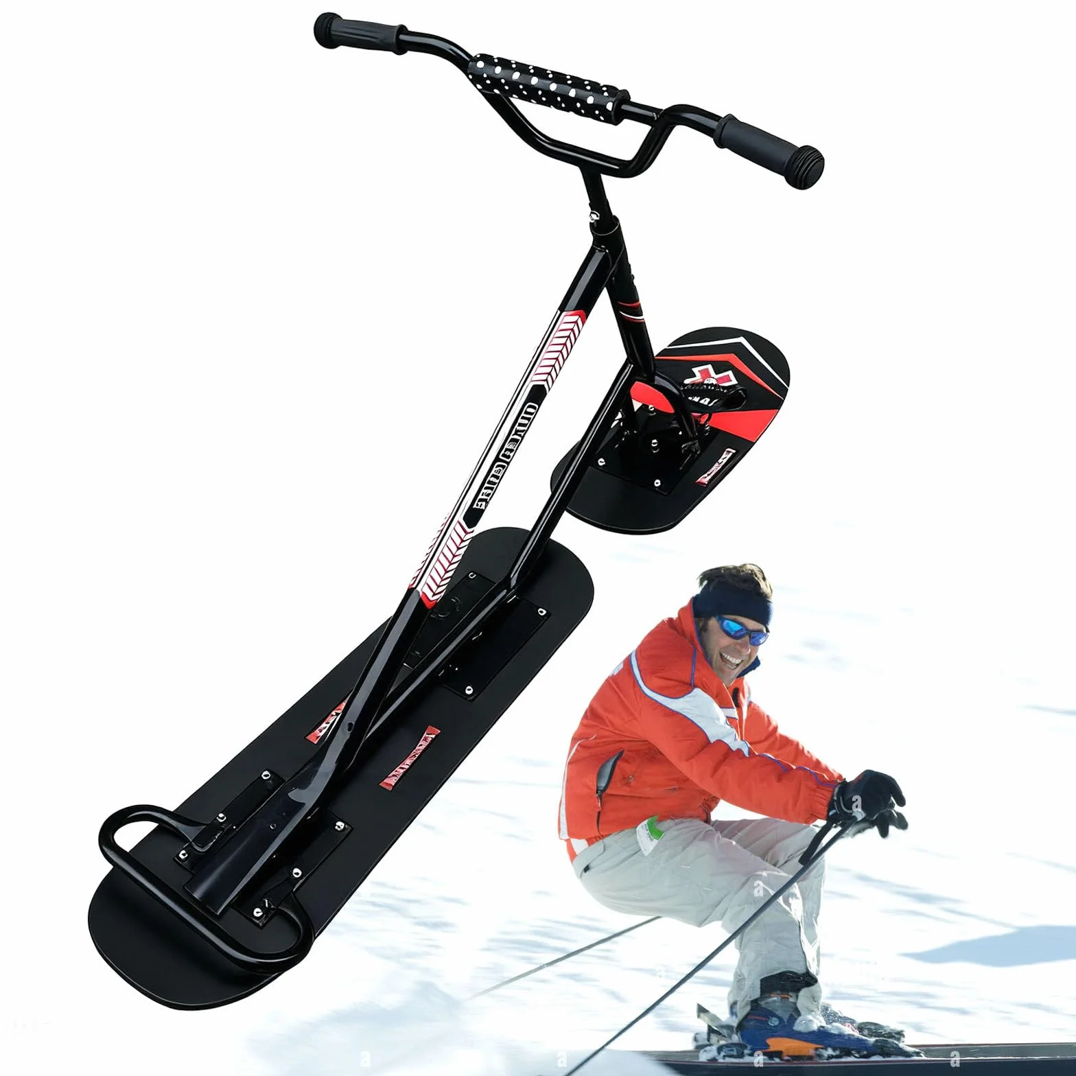 Snow Scooter Adulte Plateau pivotant 360° Double Base Poignée antidérapante Cadre Aluminium Planche Tout-Terrain Noir