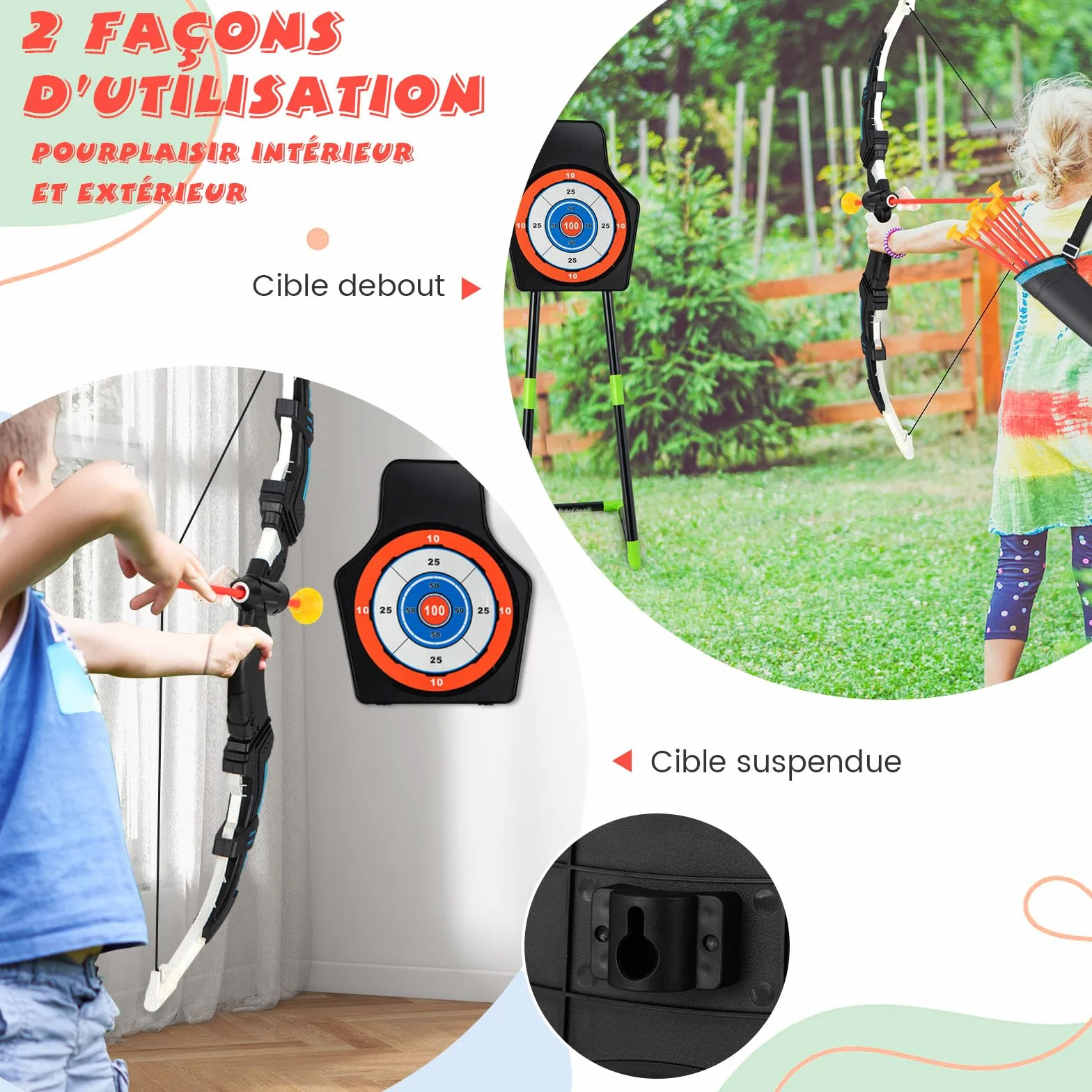 GOPLUS Arcs et Flèches Enfants, Ensemble Tir à l'arc LED avec 20 Flèches à Ventouse, 2 Carquois, Cible détachable