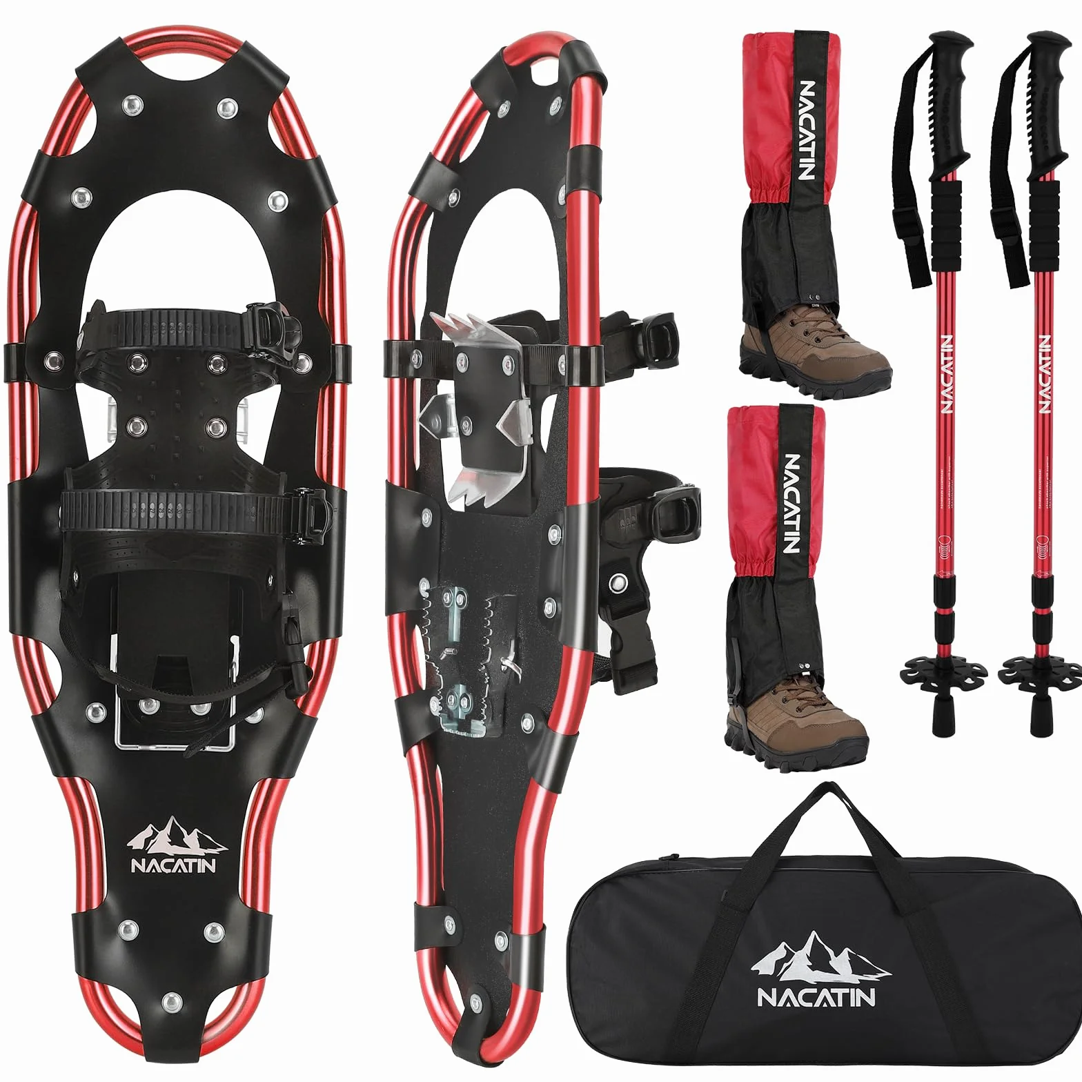 Raquettes à Neige 4 en 1 Aluminium Légères avec Bâtons Réglables Guêtres Imperméables Sac de Transport 53cm 63cm 76cm