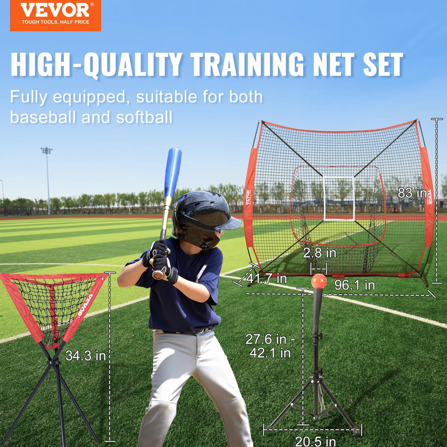 VEVOR Filet d'Entraînement de Baseball Softball 244x211 cm, Cadre d'arc, Sac de Transport, Zone de Frappe, Balle, Tee, Collecteur