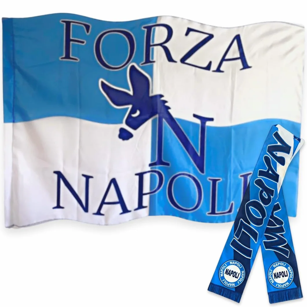Drapeau Napoli 90 x 150 cm avec boucle pour tige + Collier Napoli 89 x 8 cm – Fan Championnat de Football