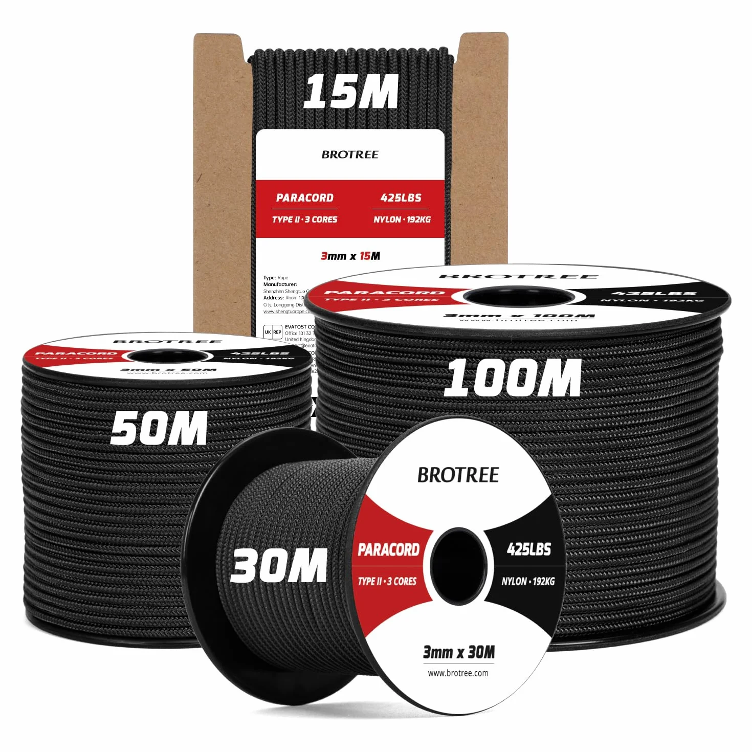 Brotree Paracorde 3mm 30M 100% Nylon Corde Parachute Type II 192kg Charge de Rupture Noir
