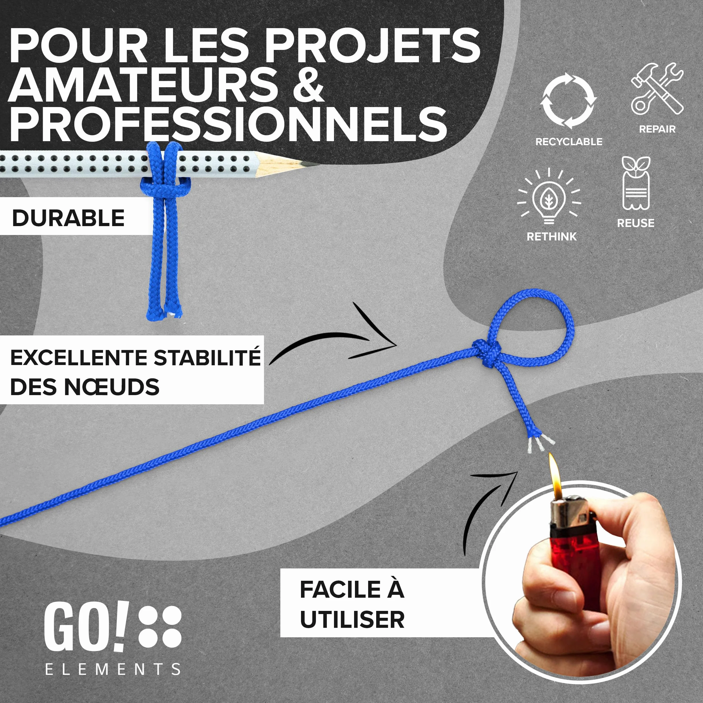GO!elements Paracorde Nylon indéchirable 3mm Type II 425, Ligne Survie extérieure, Charge Max 192kg