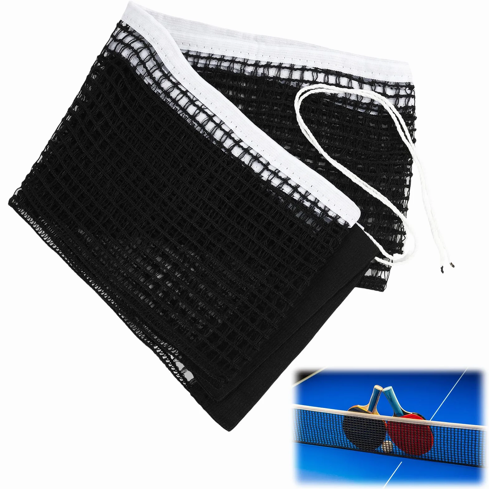 Filet Ping Pong 1,83 m Nylon Tissu Poly Coton, Filet Tennis de Table Noir avec Bord Blanc, Remplacement Résistant