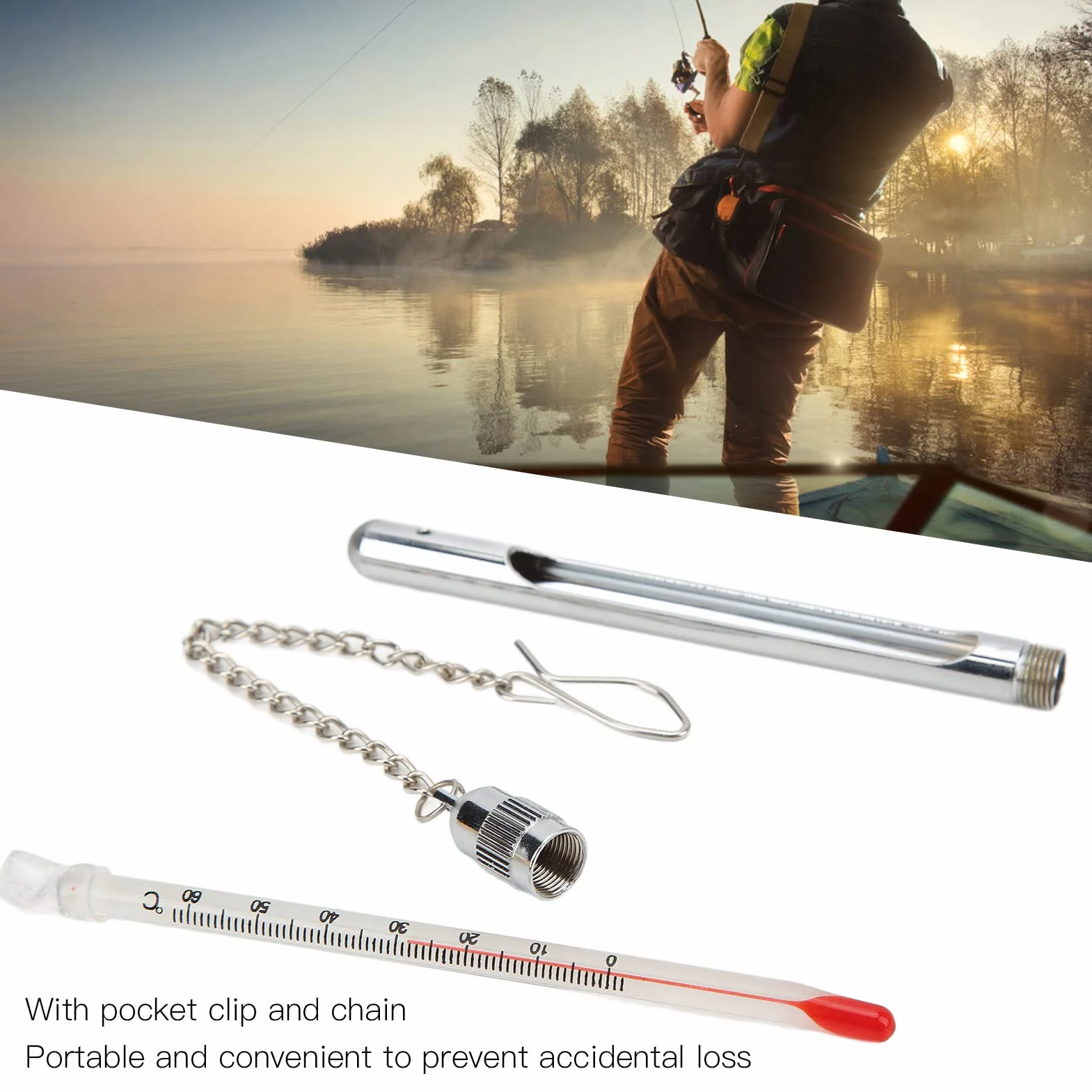 Thermomètre de pêche avec Mousqueton, mesure de température de l'eau, thermomètre en métal pour extérieur
