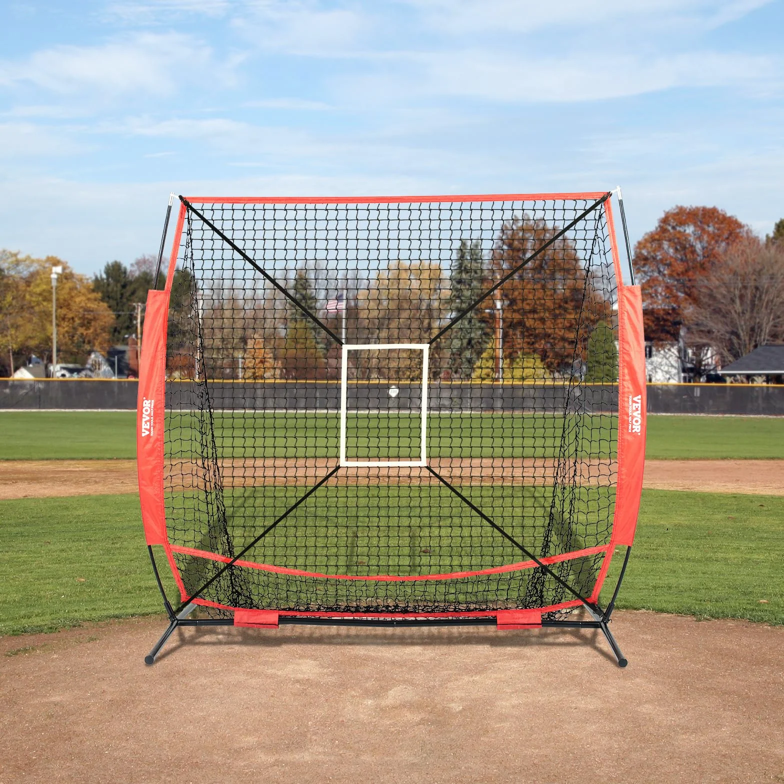 VEVOR Filet d'entraînement Baseball 153.4 x 90 x 153 cm, Filet Pratique du Lancer Baseball & Softball en Polyester, avec Sac de Transport 600D, Rouge