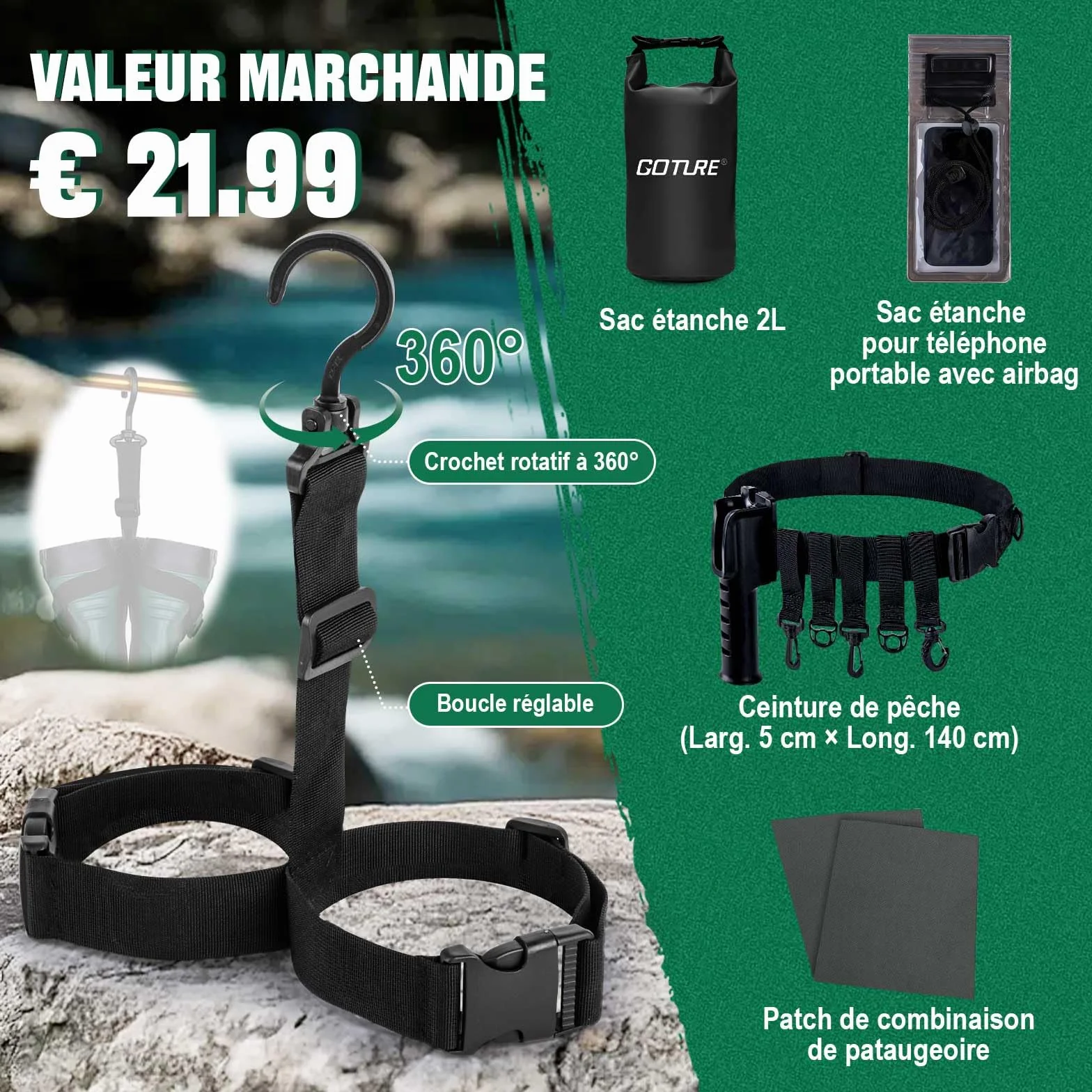 Goture Waders Pêche Homme 70D Nylon étanches avec Poche, Vert