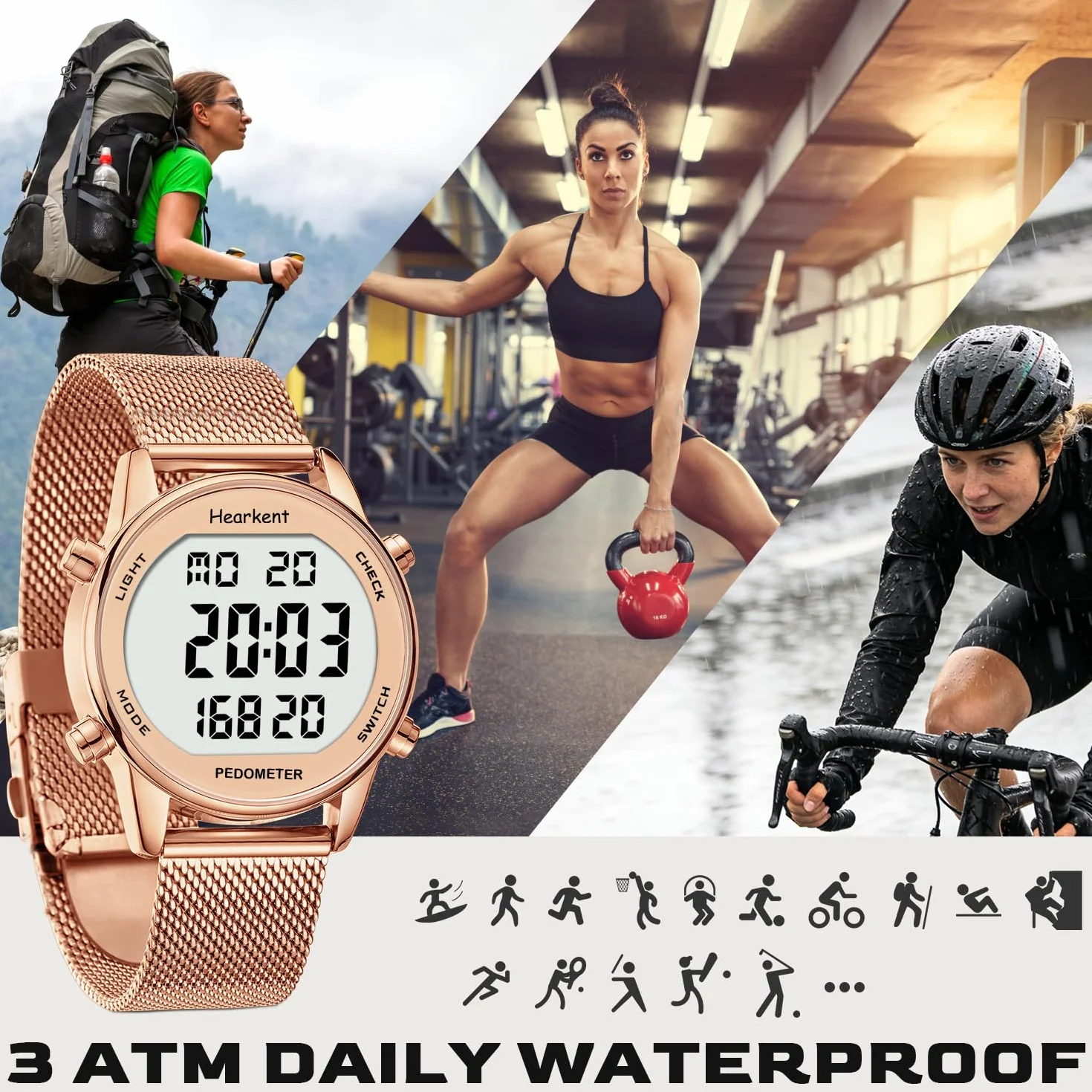 Hearkent Montre podomètre femme compteur calories étanche 30 m écran LCD marche activités quotidiennes