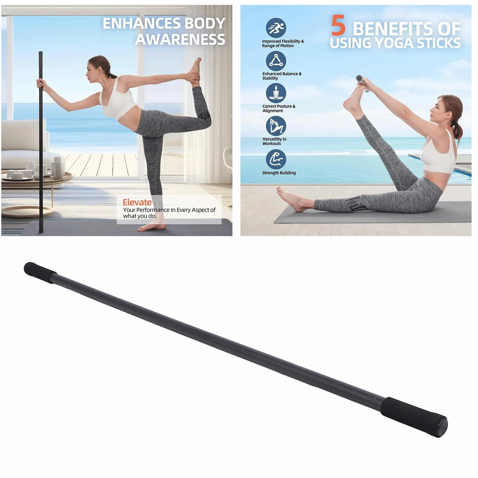 Jeu de Bâton d'étirement 4pces en Acier Yoga Stick Portable