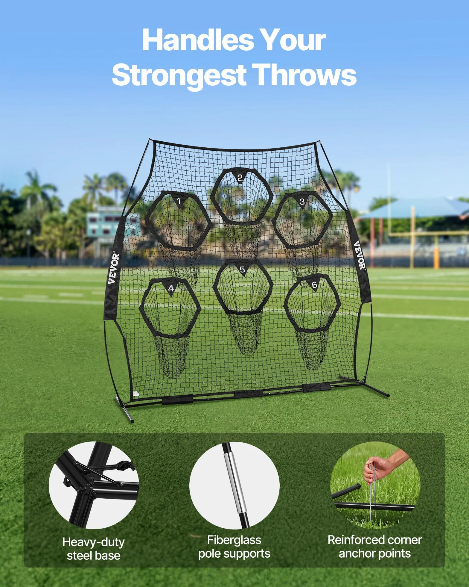 VEVOR Filet d'entraînement Football 274 x 243 cm, Filet de Lancer Rugby 6 Poches Cibles, Sans Nœuds, Sangles et Étui Transport Inclus, Noir