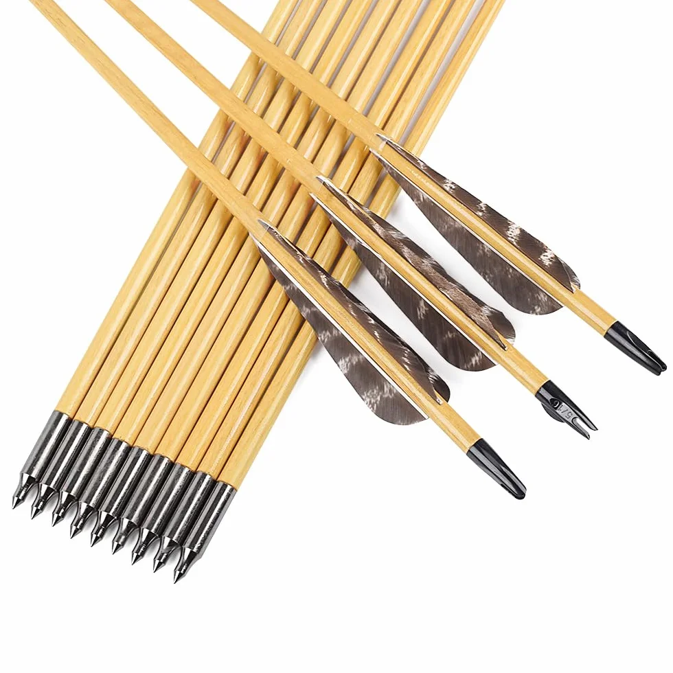 Flèches en bois 81 cm 12 pièces plumes naturelles 10 cm pour tir à larc chasse arc traditionnel recurve long