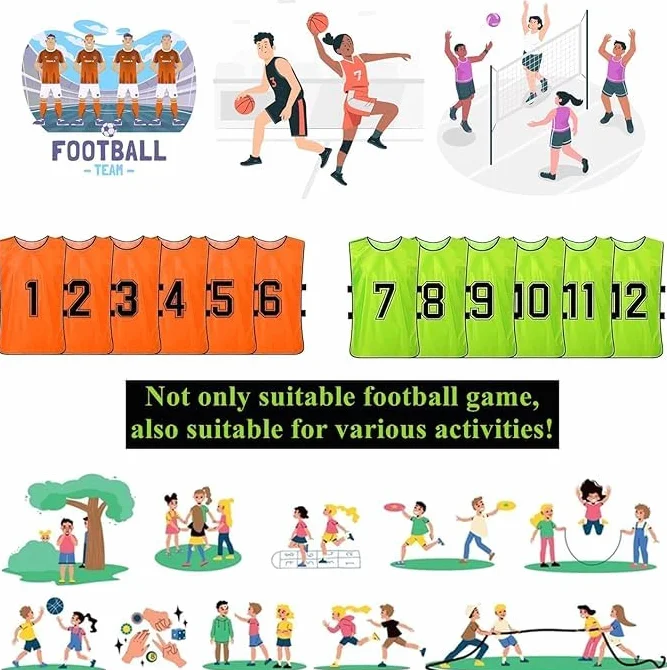 Chasubles de Football pour Adultes et Jeunes, Pack de 24 Maillots Numérotés en Maille - Orange & Vert