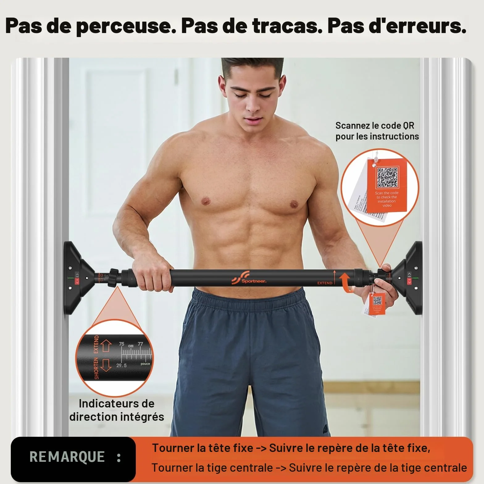 Sportneer Barre de Traction pour Porte sans vis réglable 75-94 cm 200 kg