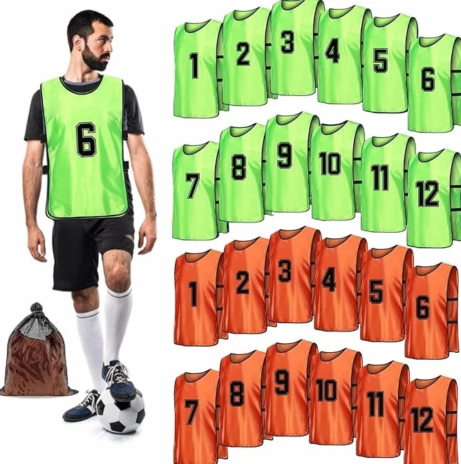 Chasubles de Football pour Adultes et Jeunes, Pack de 24 Maillots Numérotés en Maille - Orange & Vert