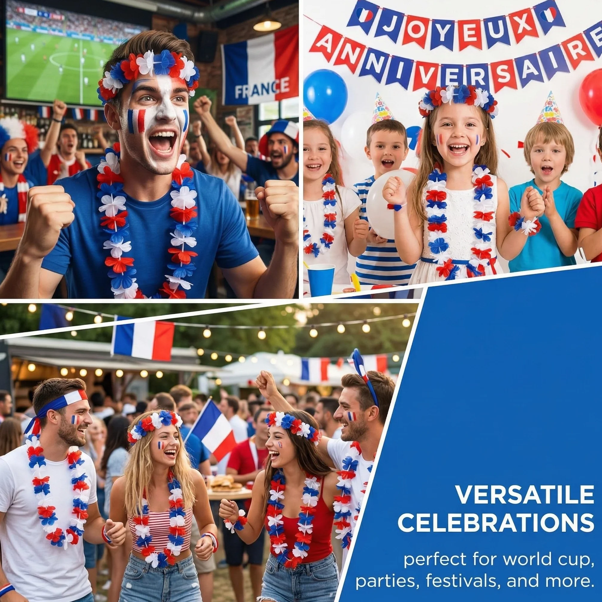 Guirlandes hawaïennes France Bleu Blanc Rouge - Bandeau, Collier, Bracelet - Décoration Coupe du Monde 2026 Football