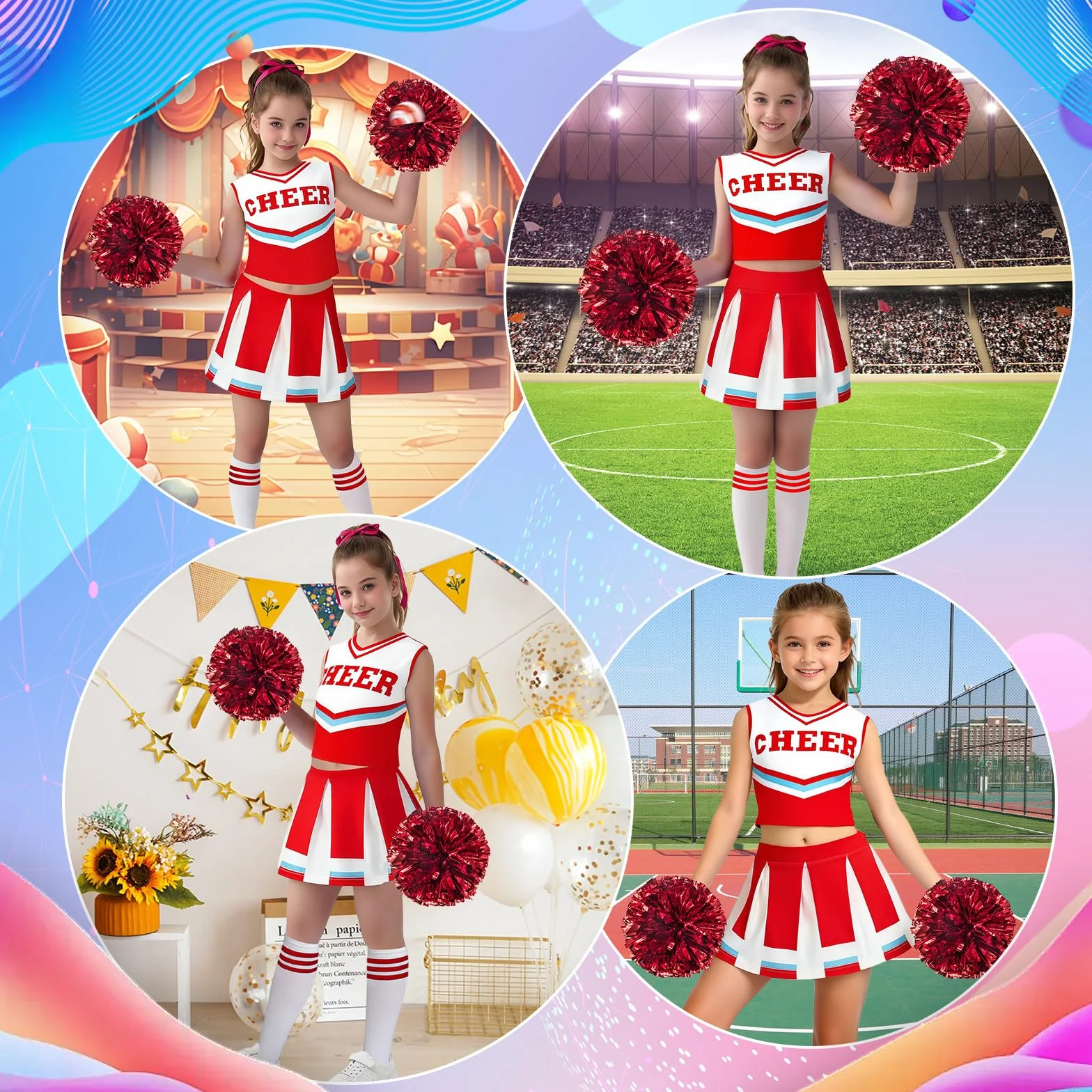 Luckyou Costume De Cheerleader Pompom Uniforme avec Pompoms Chaussettes Halloween Mascarade Carnaval