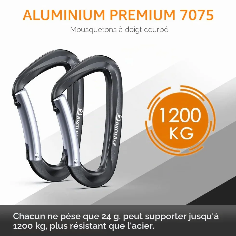 Brotree Mousqueton Tactique 8cm Aluminium 12KN Charge Lourde Forme D pour Hamac Camping