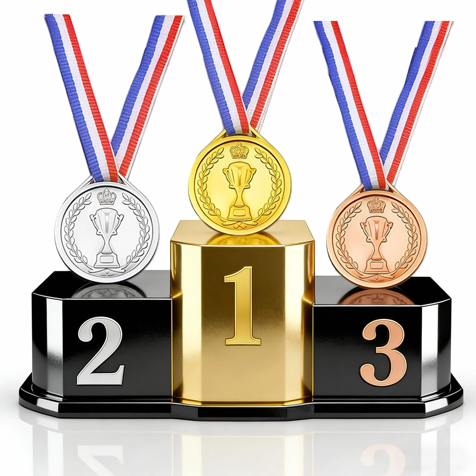 Lot de 30 Médailles Enfant avec Ruban Rouge Blanc Bleu 4,2x3,7cm pour Sport École Anniversaire