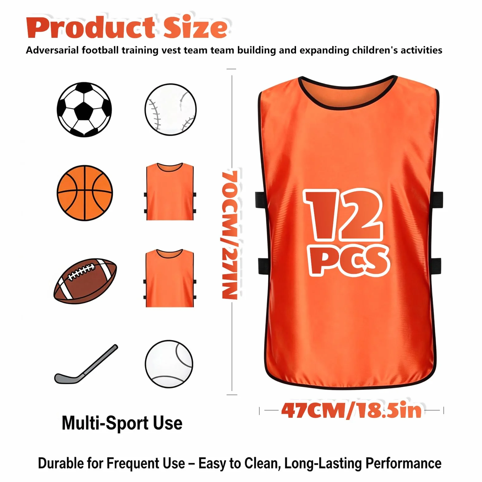 Lot de 12 Chasubles de Football pour Adultes et Jeunes, Gilet d'Entraînement Respirant, Orange, 70 x 47 cm