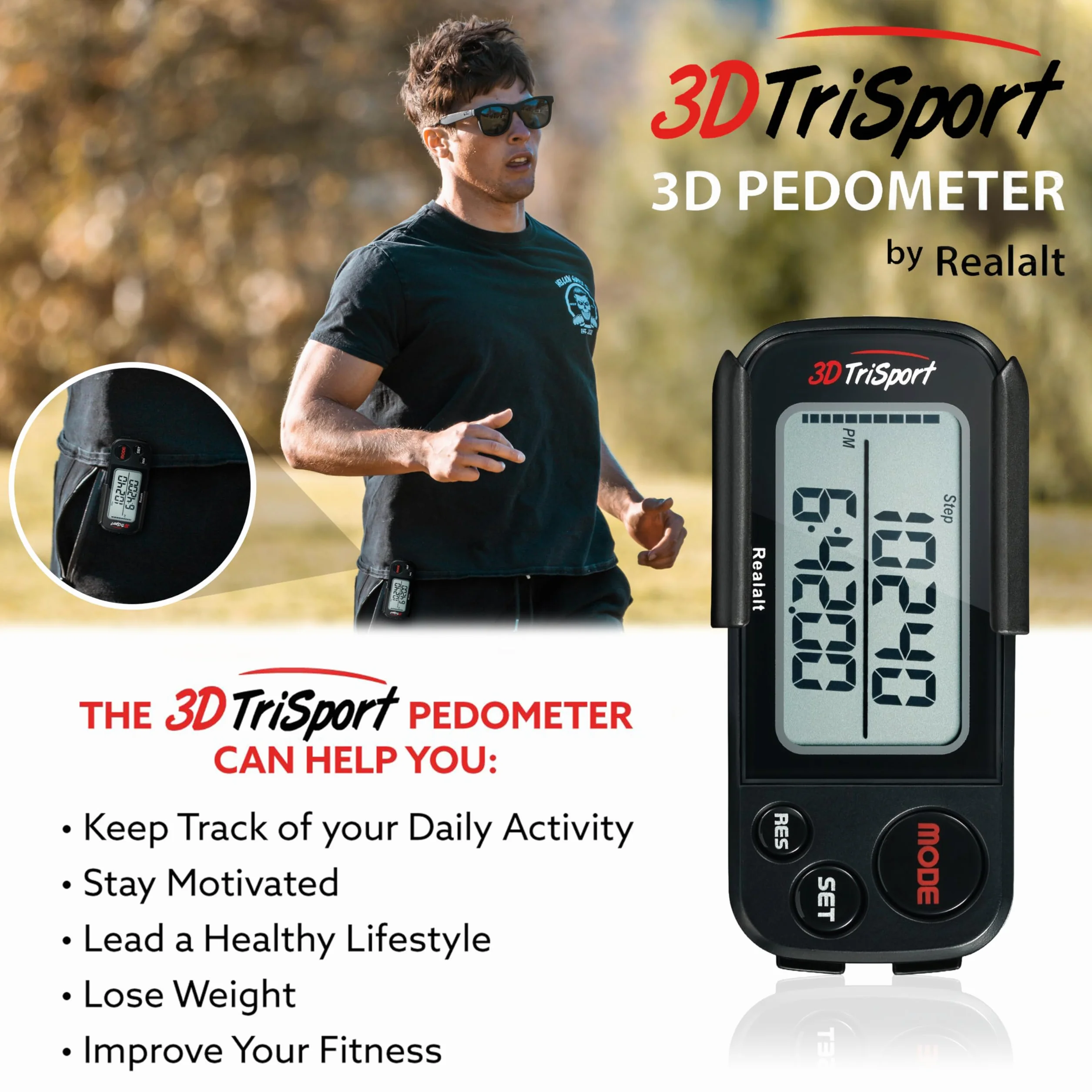 Realalt 3DTriSport Podomètre avec Clip, Mémoire 30 Jours, Compteur de Pas Précis, Distance Miles/km, Calories, Suivi Temps Exercice