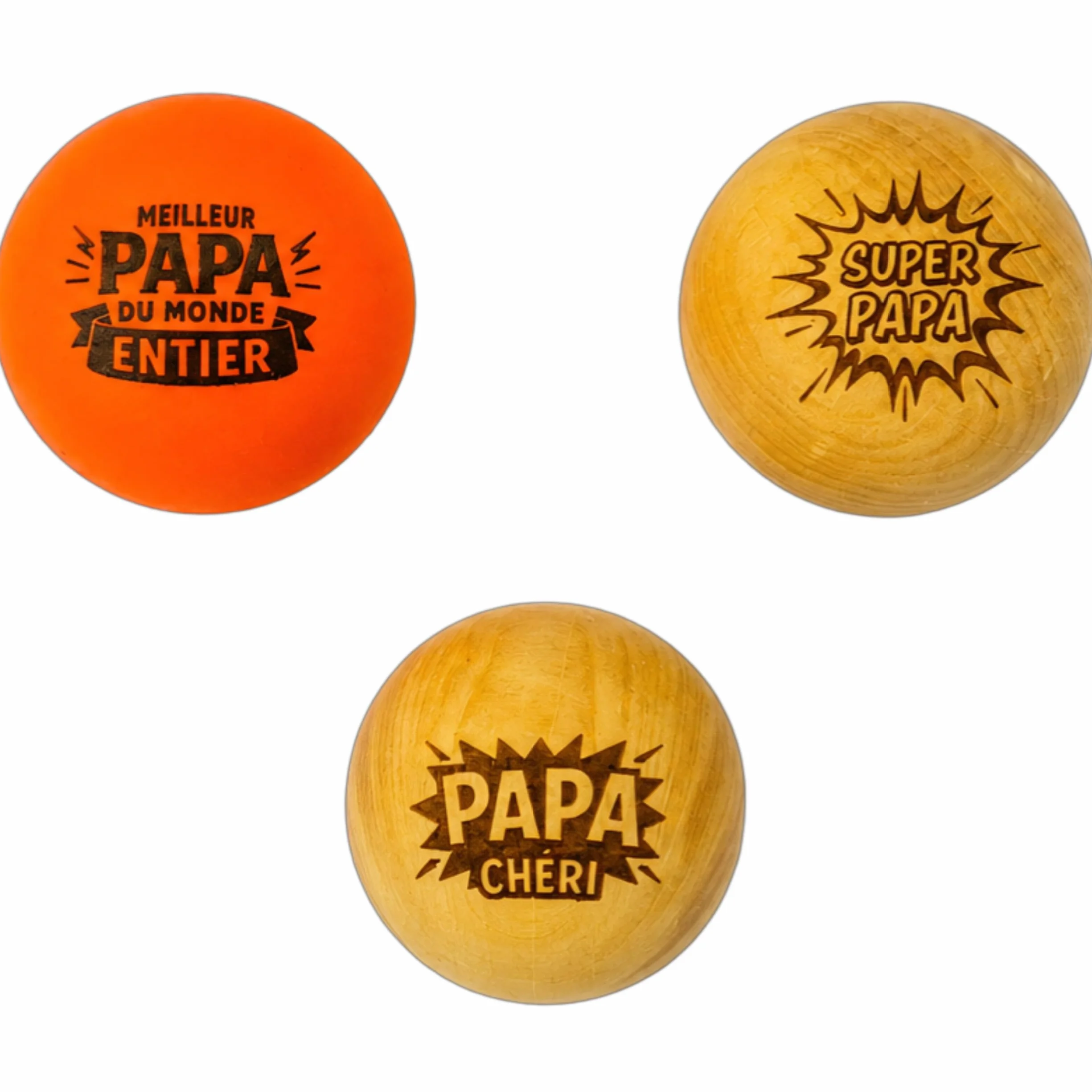 Lot de 3 Cochonnets Pétanque Bois de buis Jura Gravés Papa Cochonnet Fluo Cadeau Original Fête des Pères Accessoire Bouliste Fabriqué France