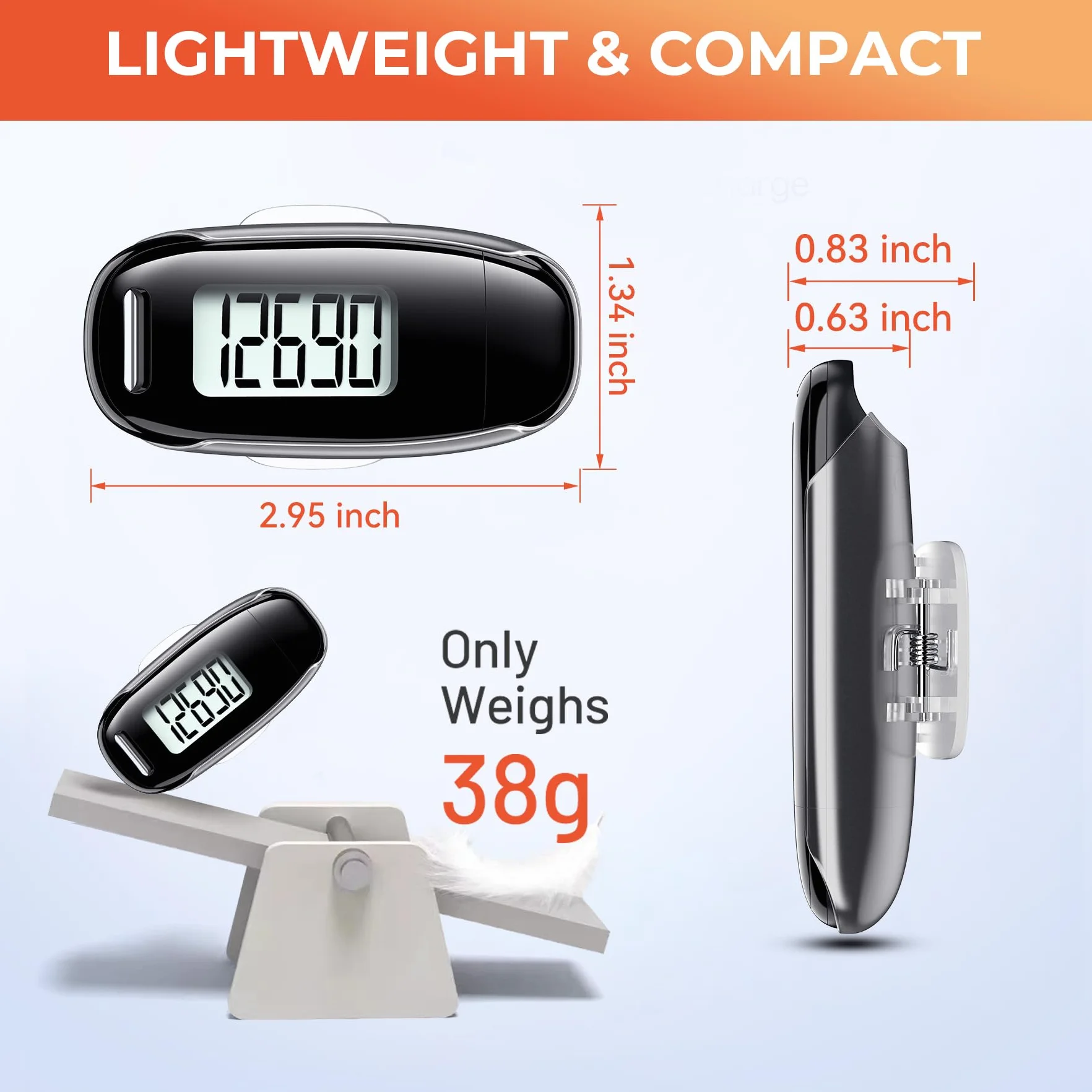 Podomètre 3D compteur de pas rechargeable USB avec clip sangle amovible rétroéclairage précis