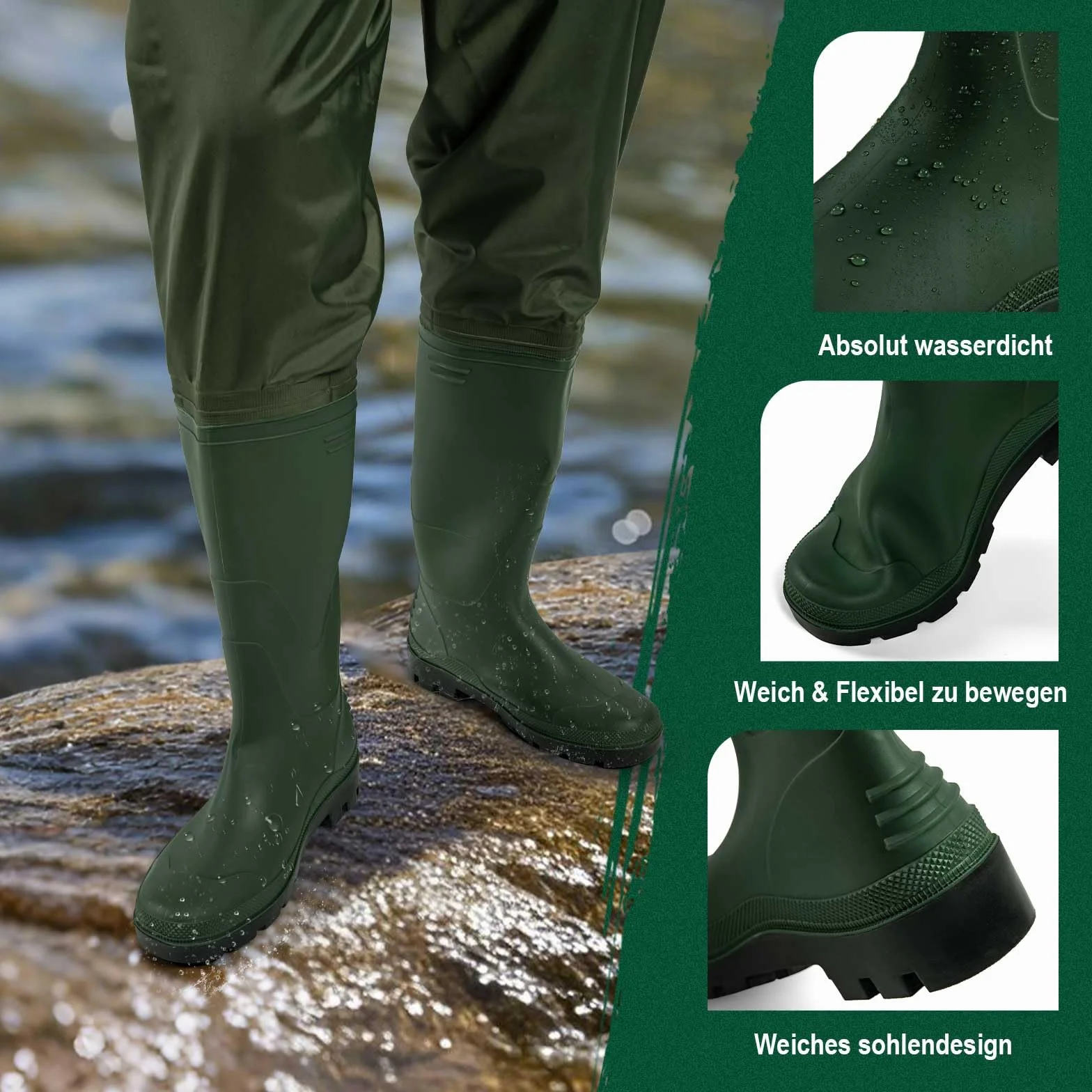 Goture Waders Pêche Homme 70D Nylon étanches avec Poche, Vert