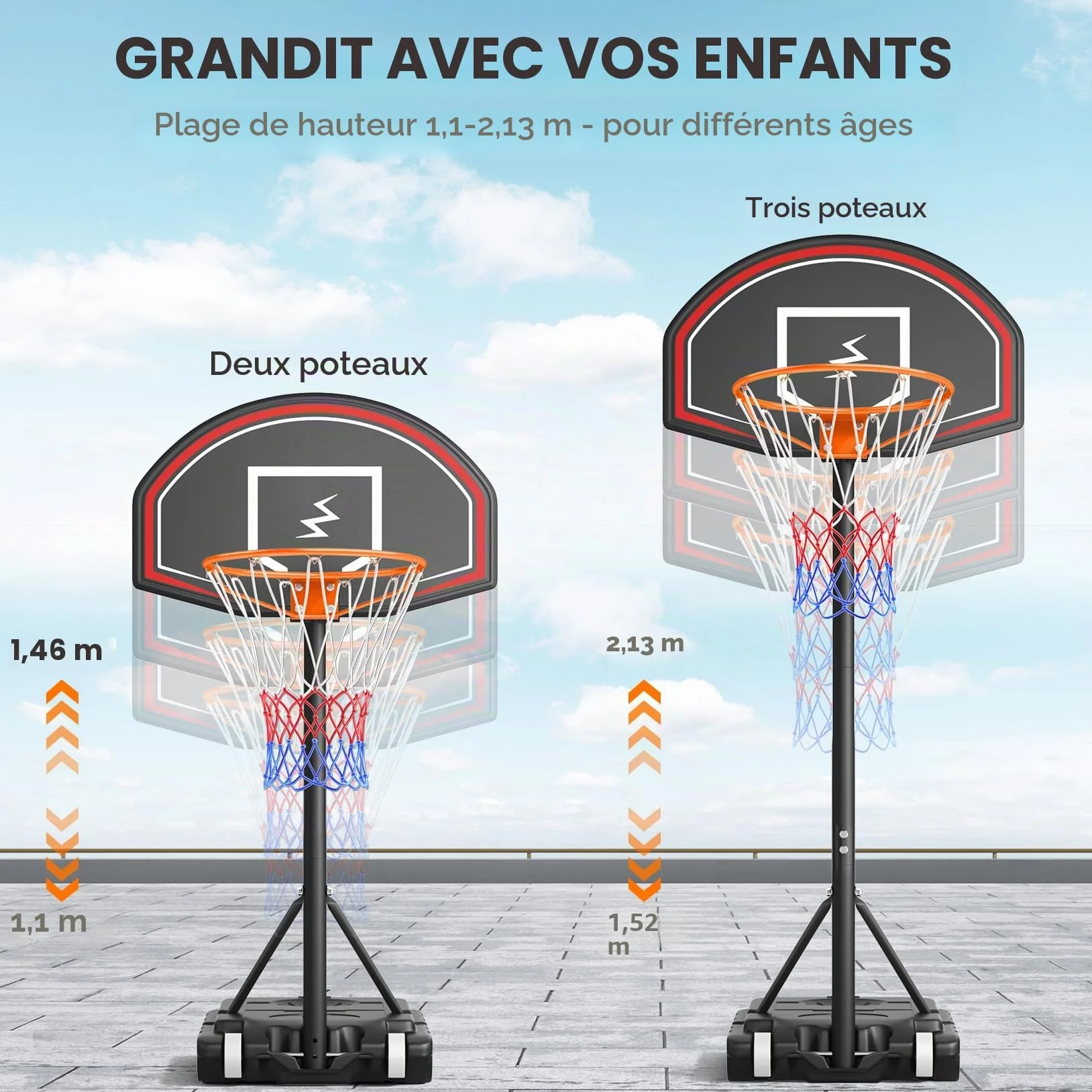 YOLEO Panier de basket extérieur pour enfants réglable 160-210 cm avec système Net System sur roues